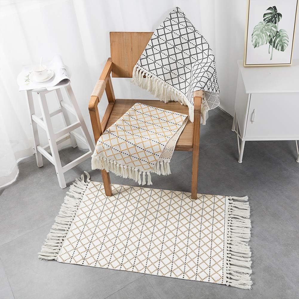 idee-home Boho Bathroom Rug, Boho Rug Kitchen Runner Washable Bath Rug, Woven Small Cotton Bohemian Tribal Farmhouse Tassel Moroccan Boho Bath Mat for Bedroom Hallway 2'x3'