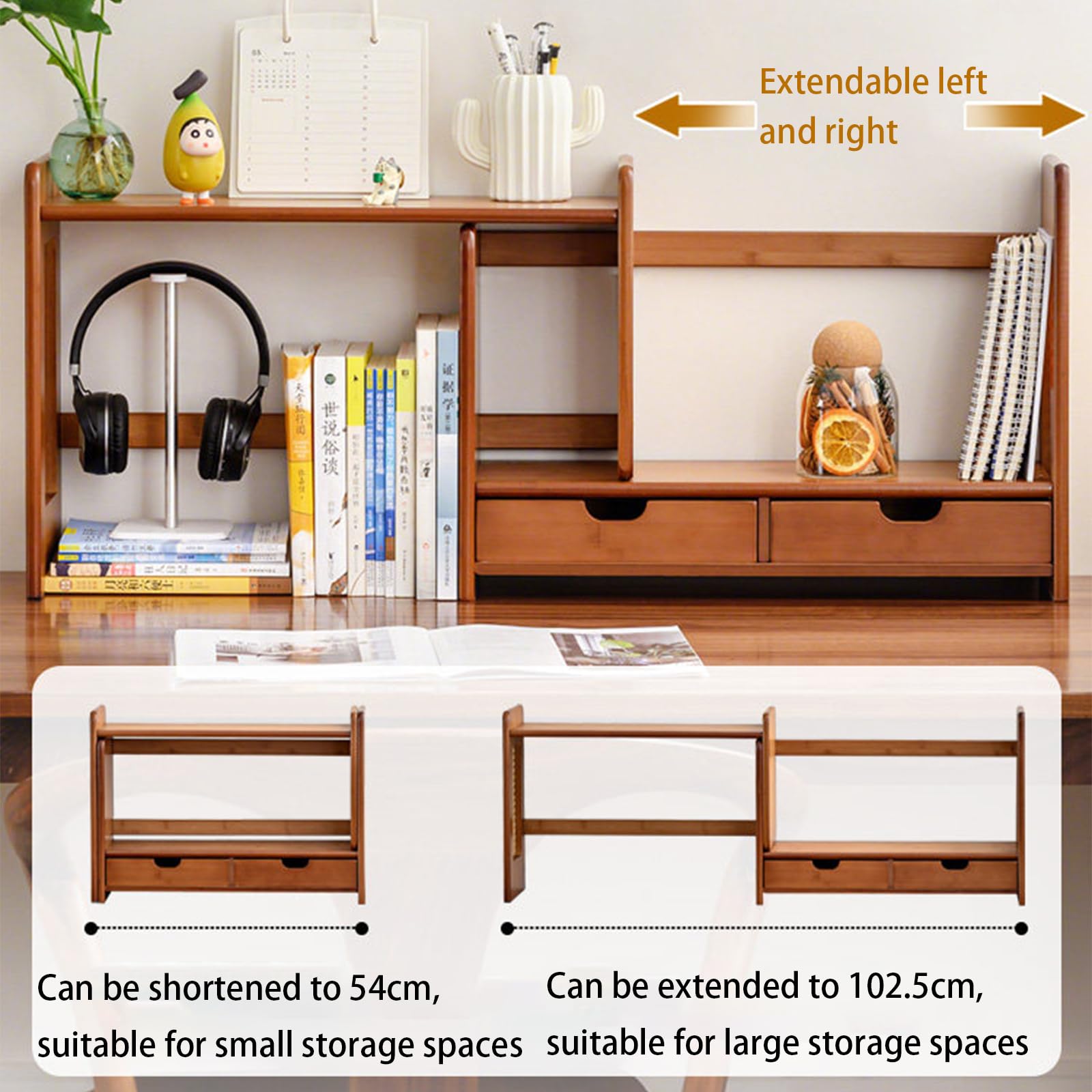 Scaffale per Libri Espandibile in Legno, Scaffale Ufficio Regolabile, Organizzatore Angolare Compatto per Scrivania e Piccoli Spazi walnut Solid wood panel