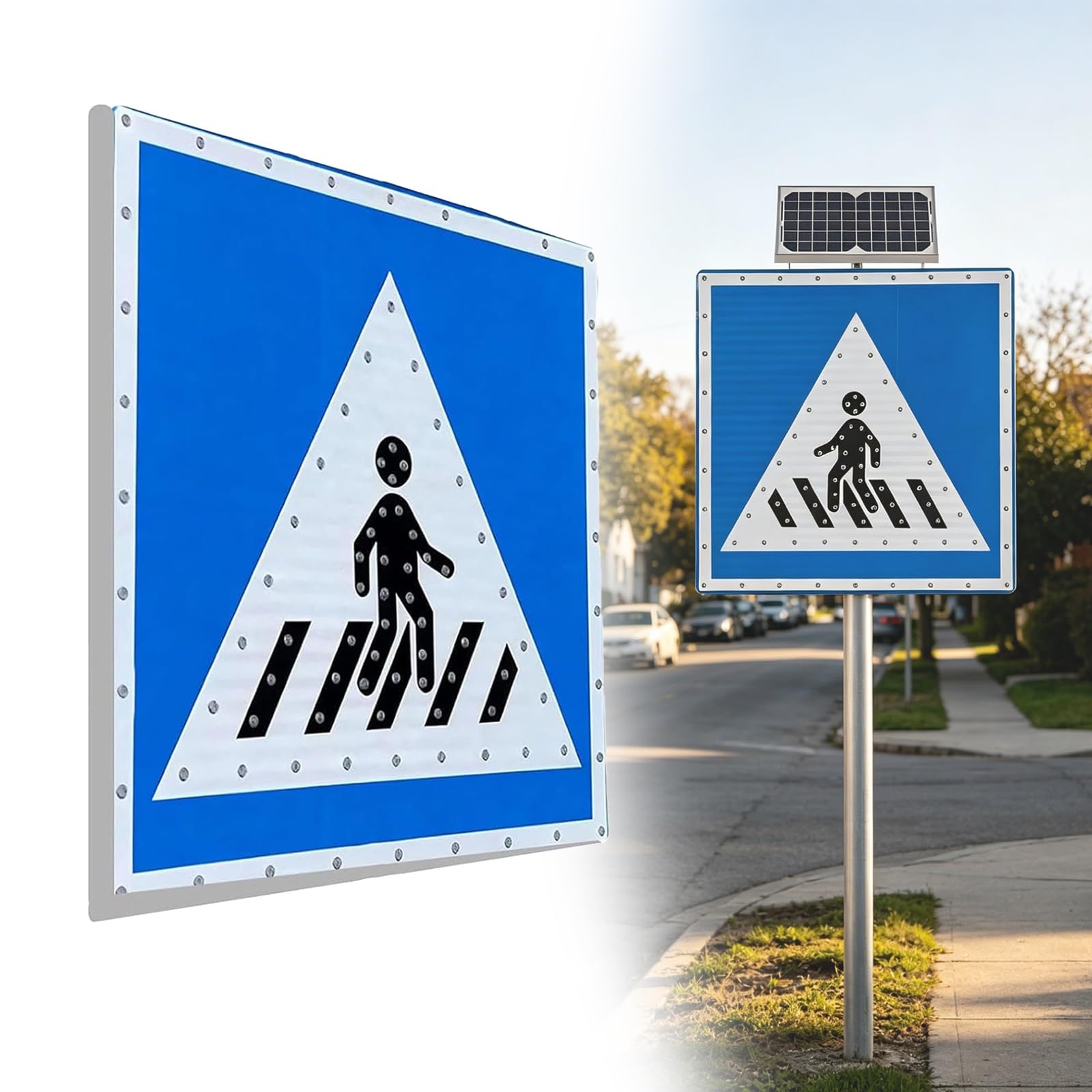 Advertencia de Peatones de Alto Brillo, Intermitente para Cruce Peatonal Señal de Paso Peatonal, Visible 500m, Estructura Aluminio, para Zonas Industriales y Vías de Tránsito(30")
