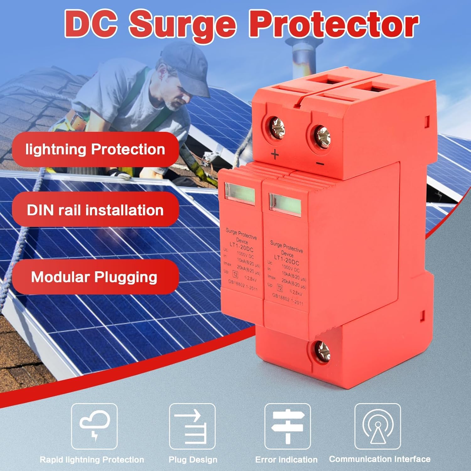 DEWIN Scaricatore DC 1000V 2P 10KA~20KA Dispositivo di Protezione Contro Sovratensioni
