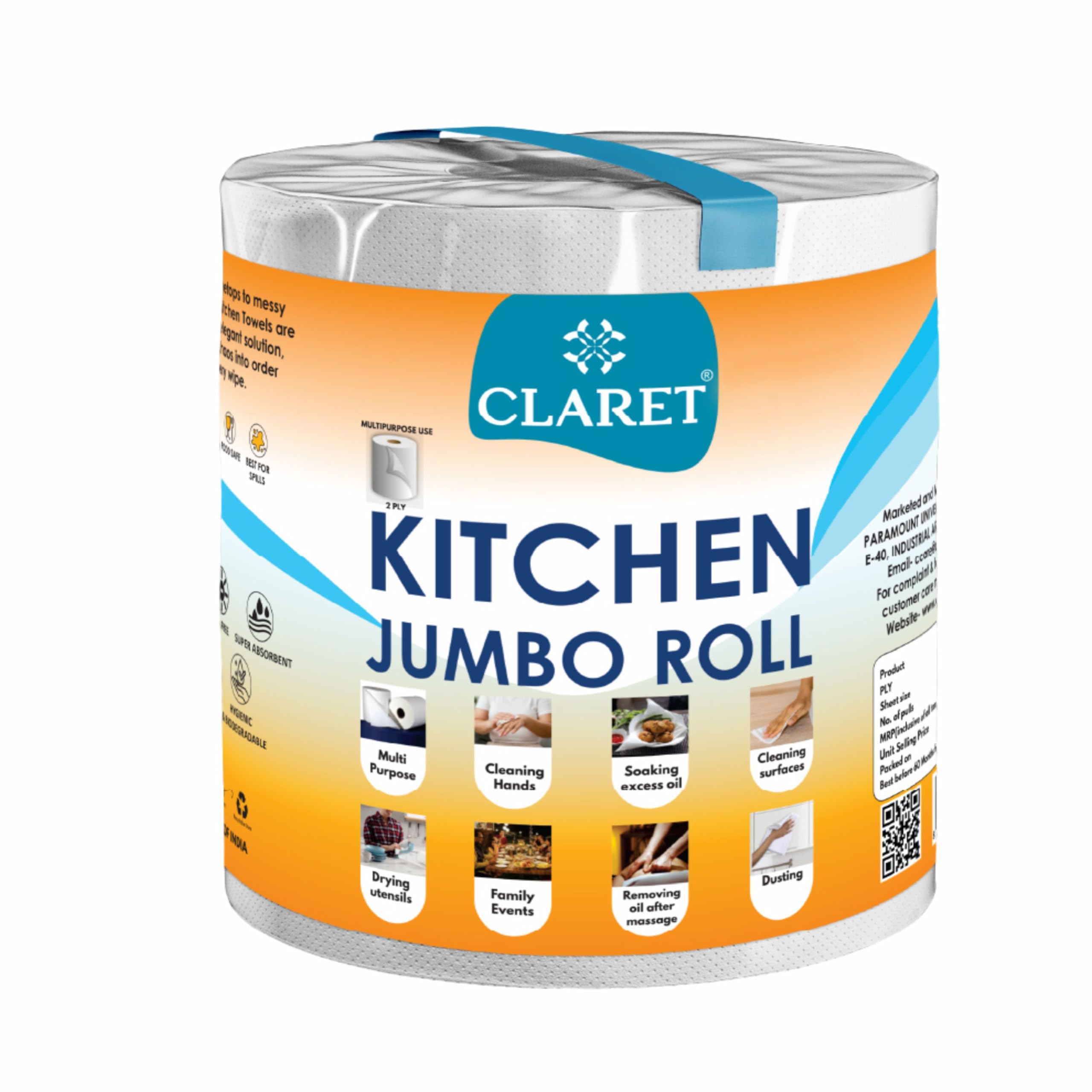 Claret Kitchen Jumbo Towel Tissue Paper Roll Napkin 300 Pulls Each Roll | Soft & Highly Absorbent | 100% Natural | 2 Ply | Pack of 1 Roll | Ideal For Cleaning Kitchen Accesssories Microwave & OTG-image-33