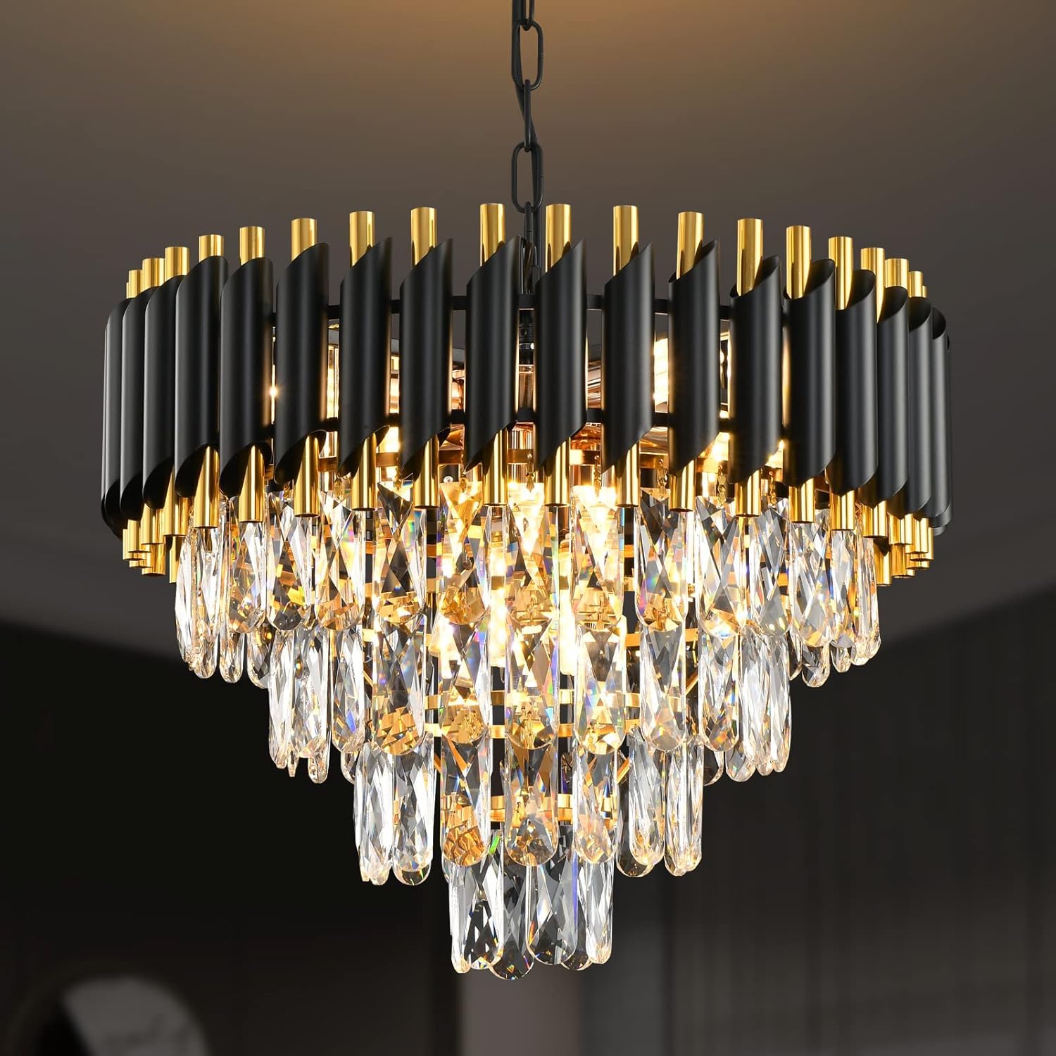 AYRIV Modern 4-Tier Crystal Chandelier with Black Gold Finish, Ceiling Light Fixture for Living Room | Chandelier for Living Room Modern Ceiling Light Jhumar 500mm (B0D3L76MZS) Amazon Price History, Amazon Price Tracker