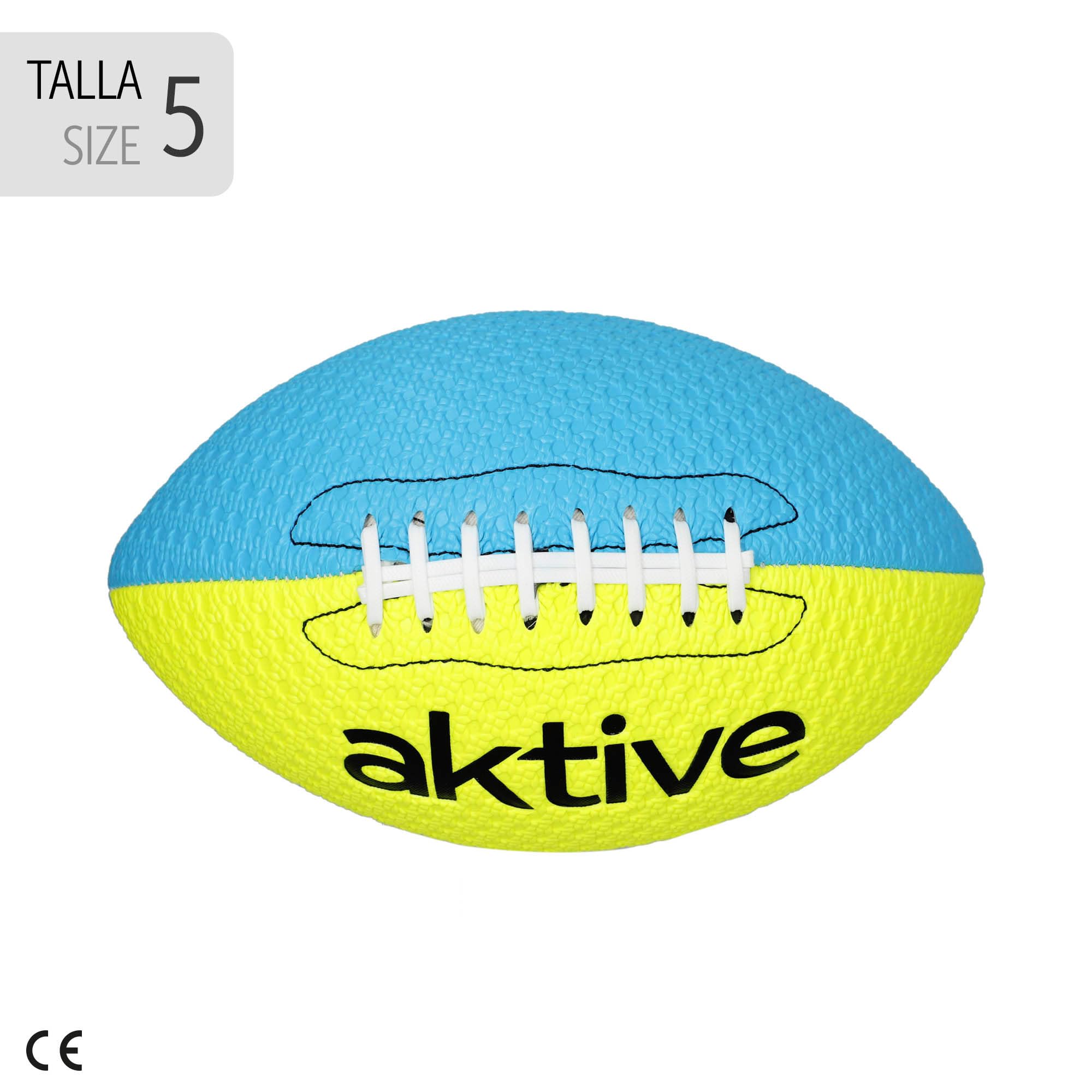 AKTIVE Ballon de Rugby en PVC, diamètre 22 cm, Taille 5, Jaune Fluo et Bleu, résistant et Durable, Prise en Main, idéal pour l'entraînement en Plein air, Les Sports, Les balles (54209)