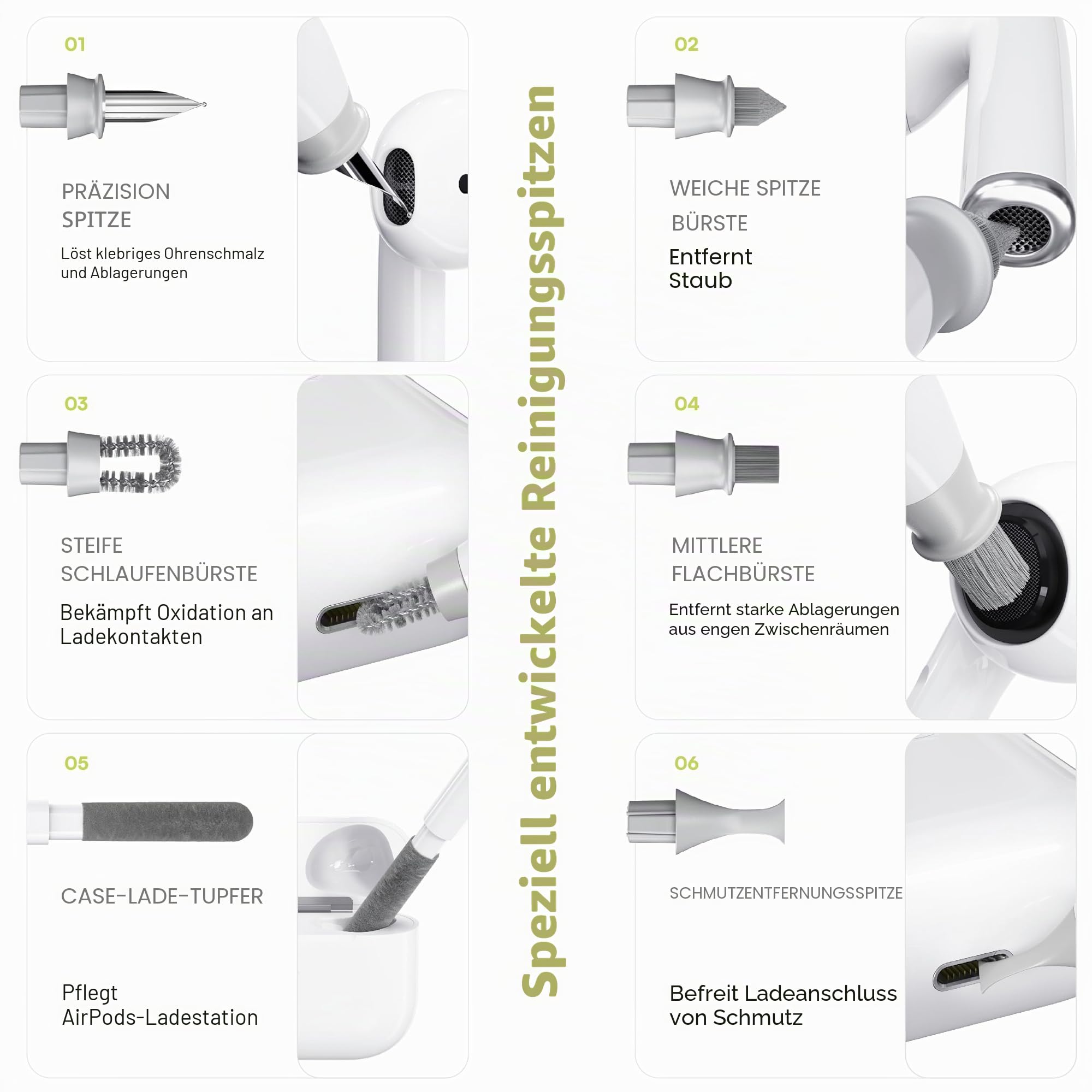 KeyBudz AirCare 2.0 AirPods-Reinigungsset/Patentierter Multi-Tool-Reiniger, austauschbare Bürstenaufsätze für AirPods, iPhone & Apple-Geräte mit Reinigungsknete Hartschalenetui & Aufbewahrungsbeutel