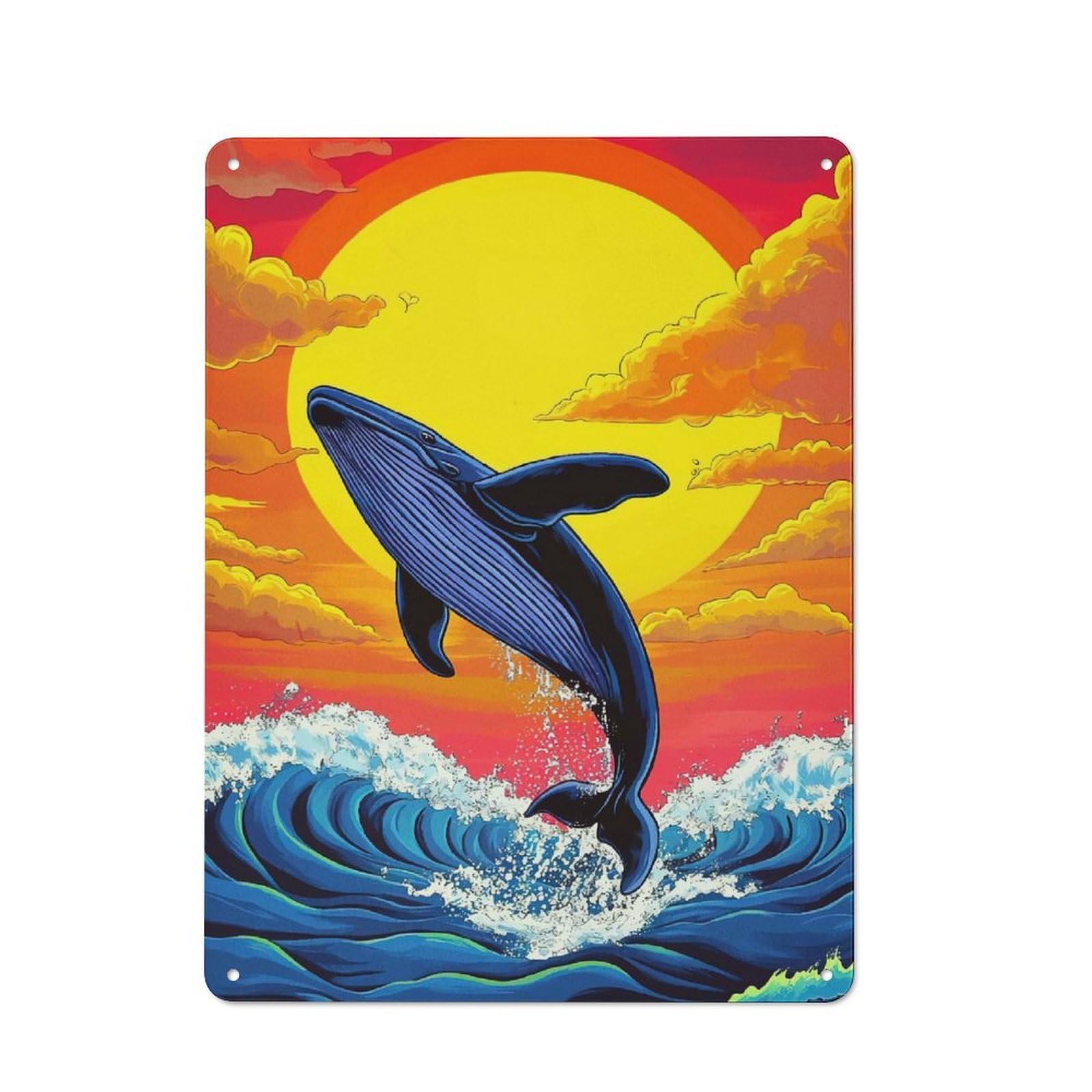 Junmoney Whale Breaching Sunset Retro Tin Sign 40X30cm Featuring For Kitchen Or Home Bar, A Decorative Metal Sign For Dining Areas And Home Bars