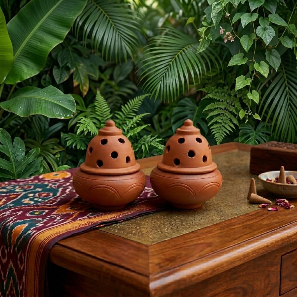 Handcrafted Terracotta Incense Cone Holder with lid | Pack of 2