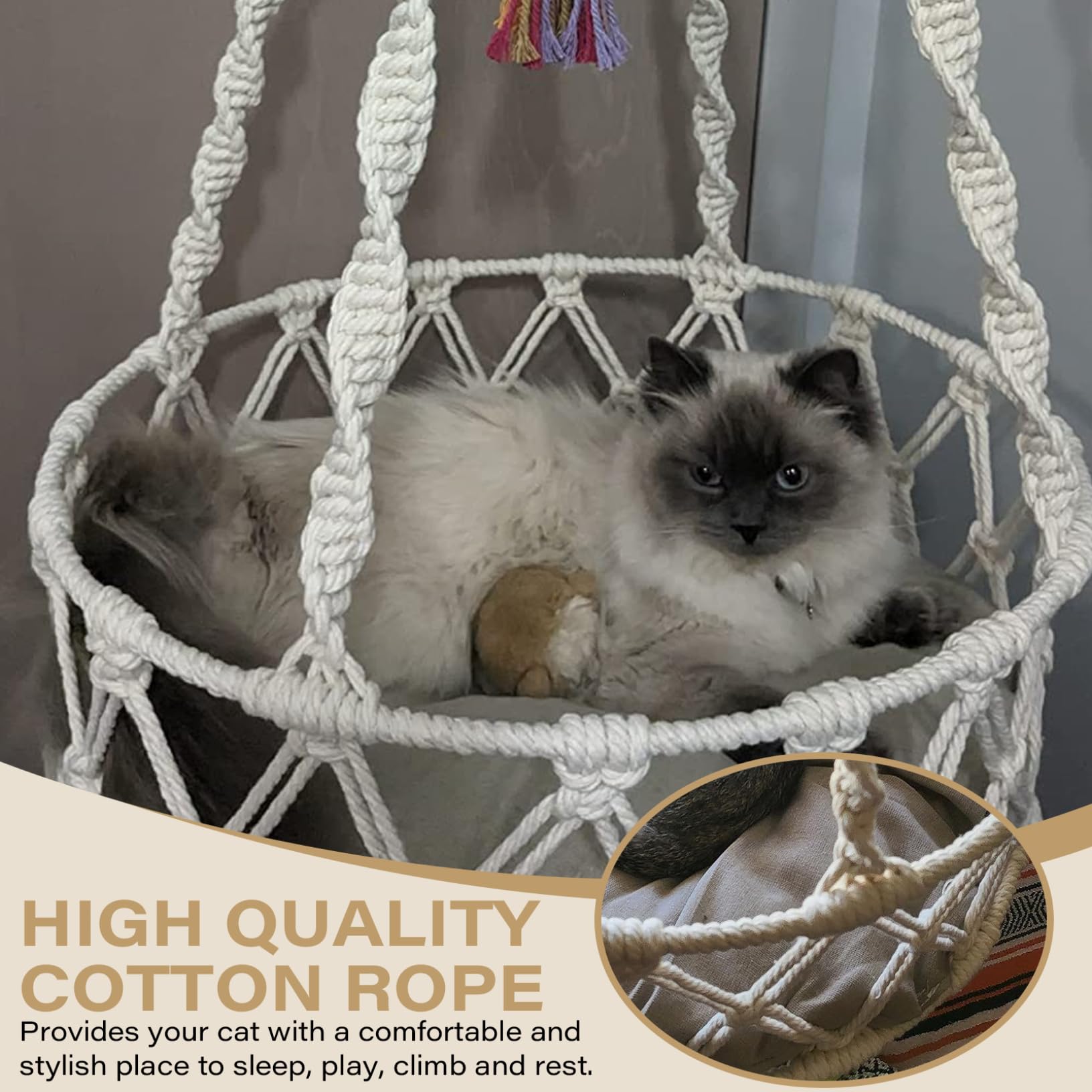 Katzenschwung 49 Zoll Hanges Katzenbett mit Baumwollmatte Boho -Katze Hängematte mit Quasten Platz sparsamer Katzenbett zum Schlafen und Lautstärken von Katzenfenster Hängematte Katze Hängematte Bedc