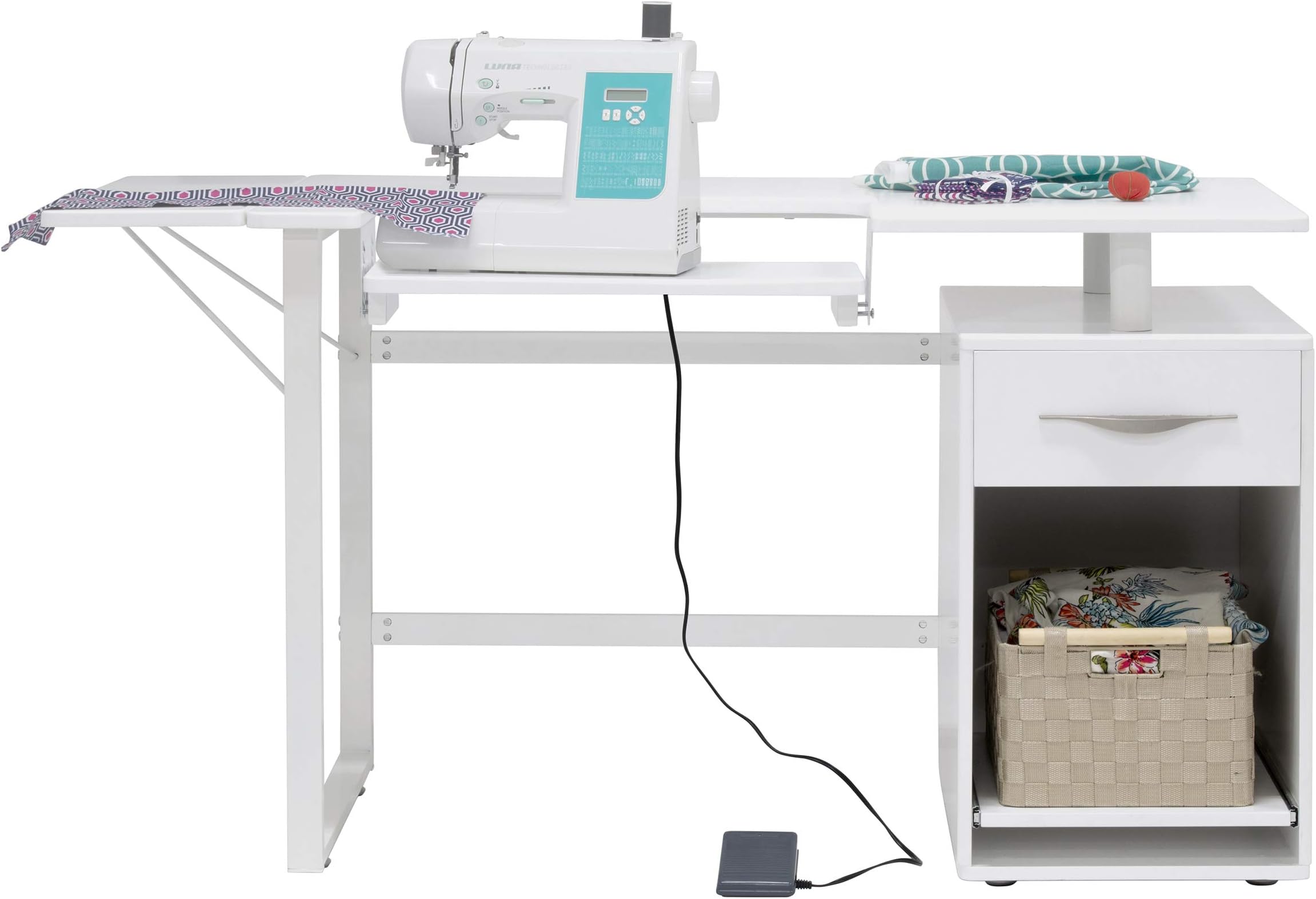Sew Ready , White Pro Line Craft, Sewing Table, Office Desk with Drawer, Sliding Shelf in Storage Cabinet