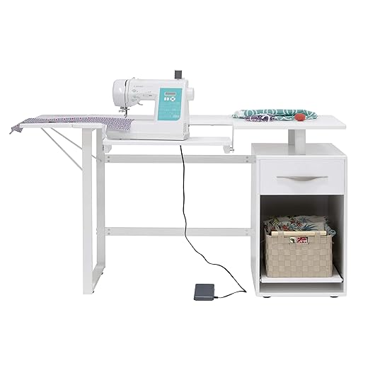 Sew Ready , White Pro Line Craft, Sewing Table, Office Desk with Drawer, Sliding Shelf in Storage Cabinet