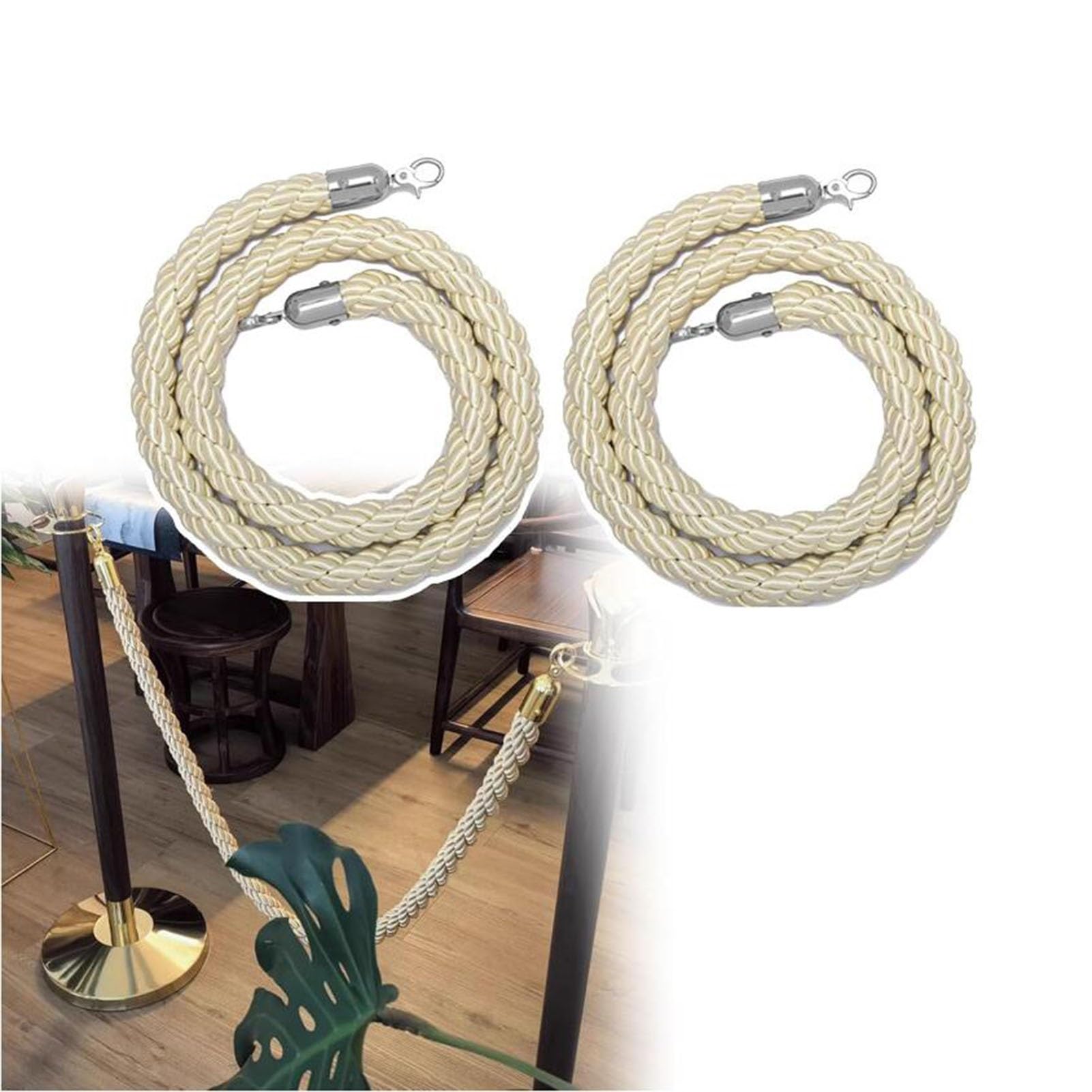Corde Intrecciate in Canapa con Ganci in Metallo, Set Di 2 Corde Di Barriera per il Controllo Della Folla, Corda Vip Color Crema per Feste, Matrimoni, Tappeti Rossi/Sier/80Cm/31.5 in