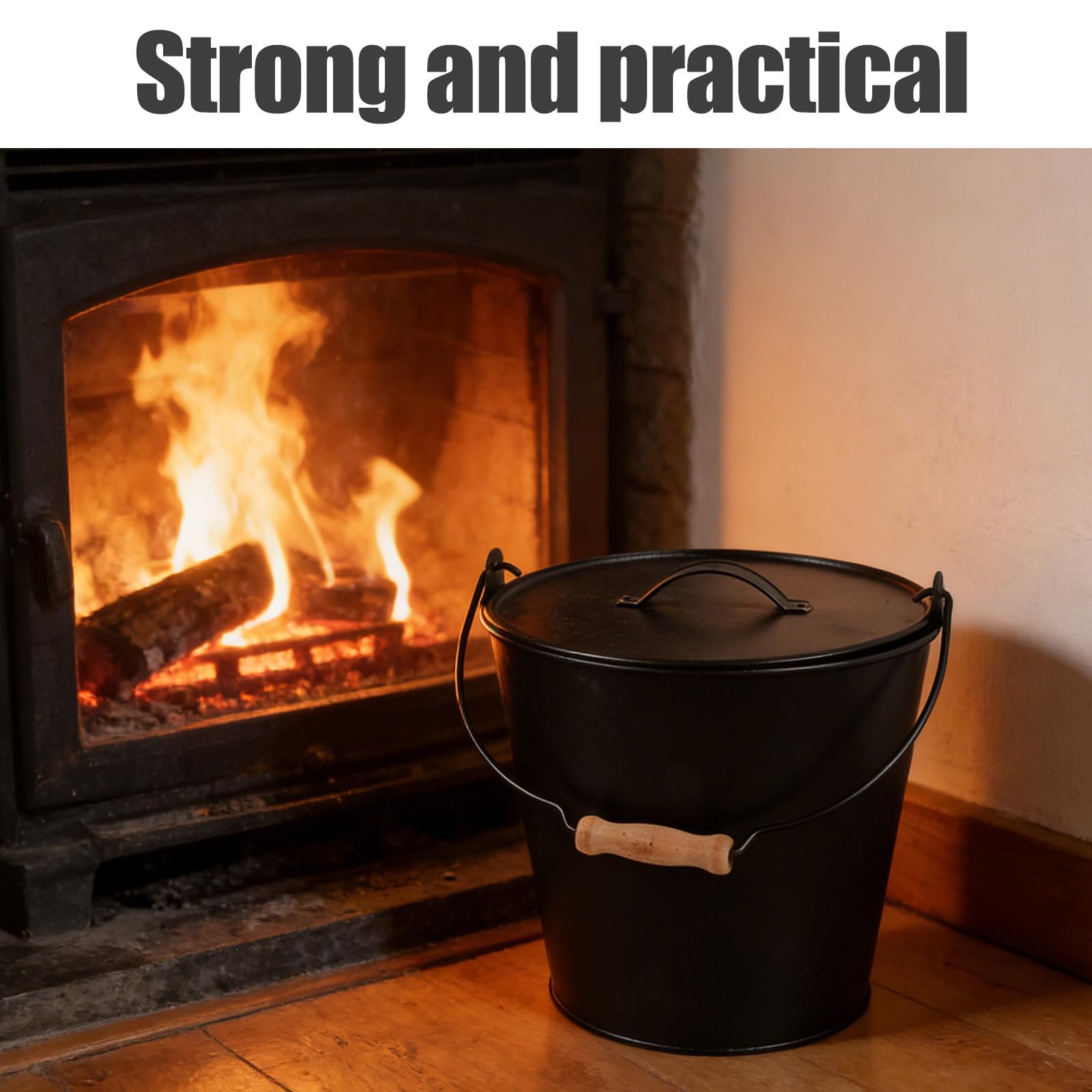 Hemobllo Cubo de Metal Negro para Cenizas con Tapa Segura y Asa de Madera, Adecuado para Estufas de Leña y Quemadores de Interior, para Recolectar Cenizas