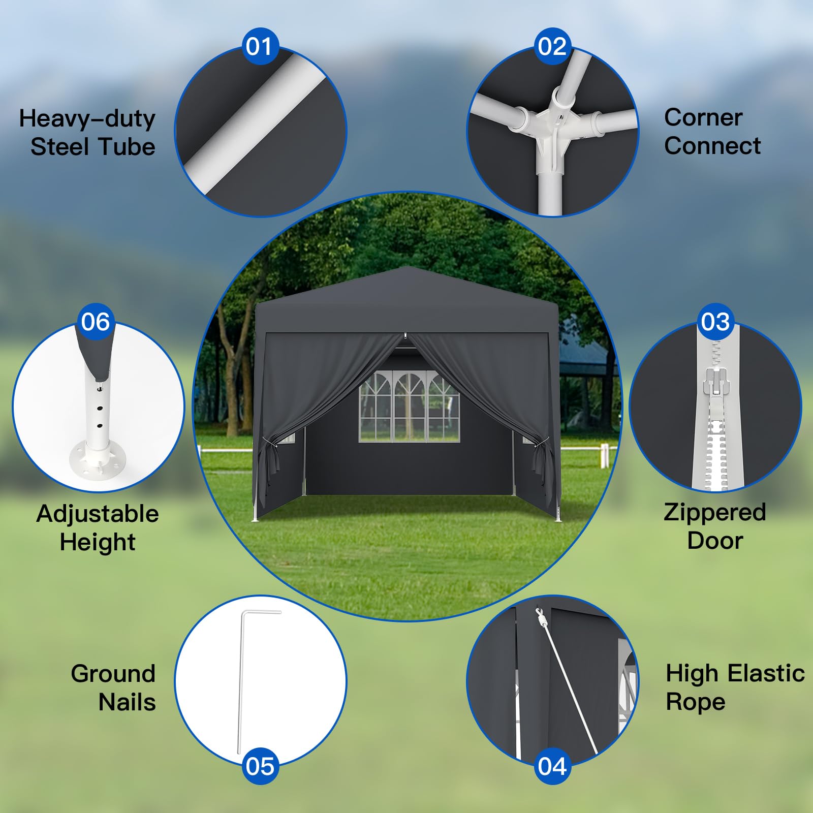 Kuro sagol Tonnelle de Jardin 3x3M,Tente Réception,Tente de Campingavec Fenêtres、Parois Latérales，Imperméable,Anti UV，Résistant au Vent Auvent,Barnum pour Camping Festival Plage,Anthracite