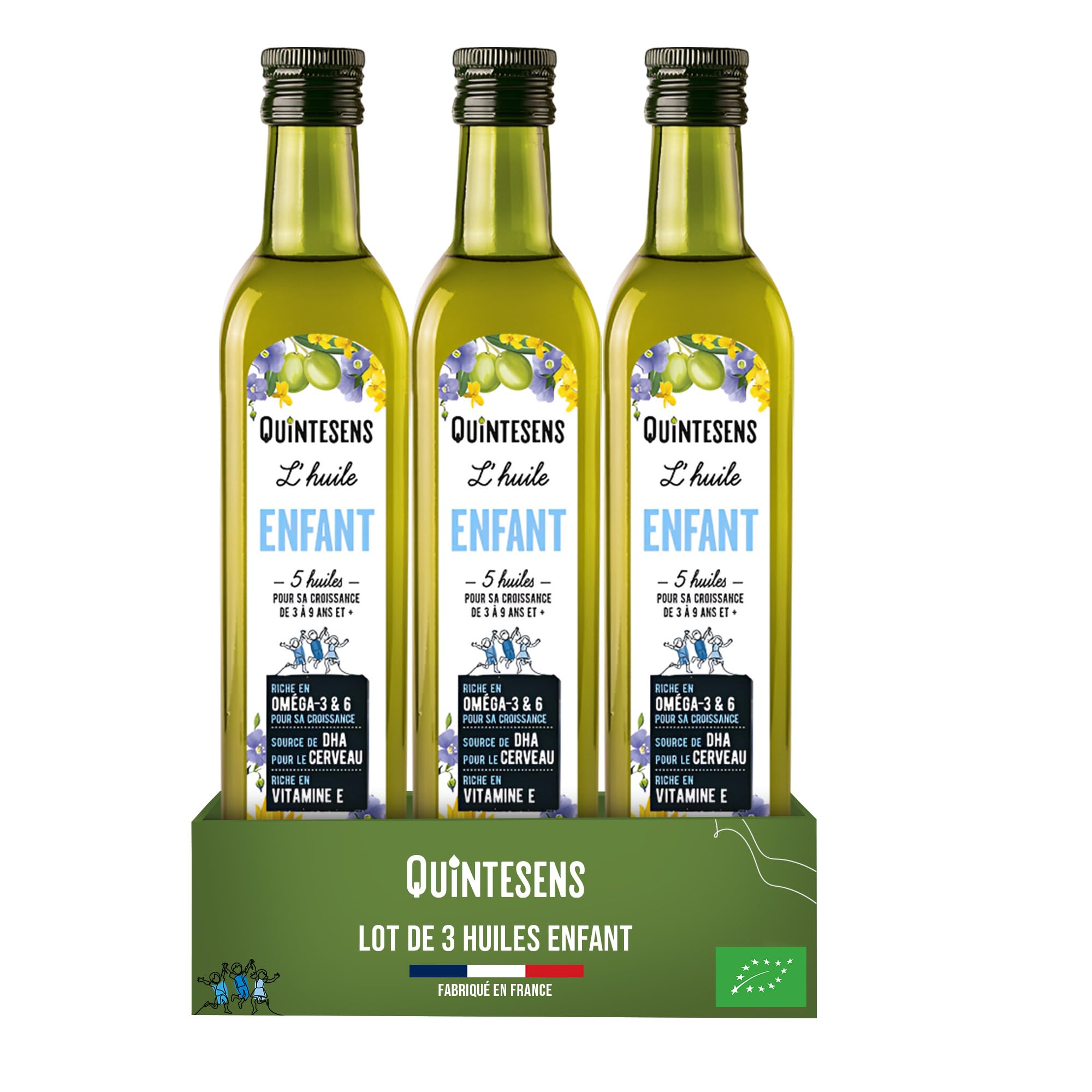 Lot 3 Huiles Enfant QUINTESENS 250ml - Apports en DHA, Oméga 3, 6 & 9 et Vitamine E pour un Développement Solide pour la Vie - Production 100% Française & Biologique
