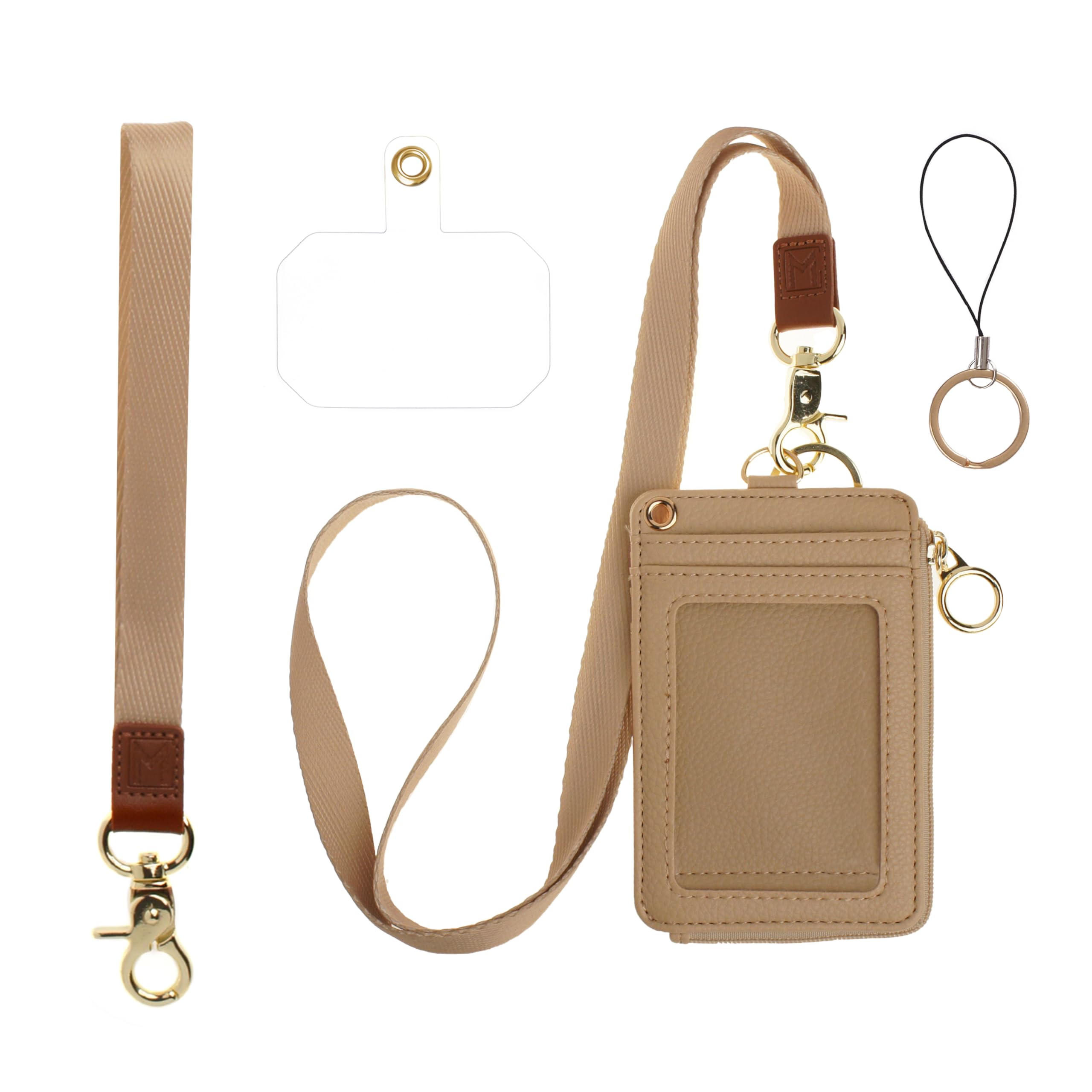Mondo Designs 2-in-1 ID Badge Holder & Lanyard Wallet - Multi-Use Womens Small Wallet with Removable Wristlet & Neck Lanyard, Clear Window, 5 Card Slots, Phone Holder, Ring Keychain - Taupe