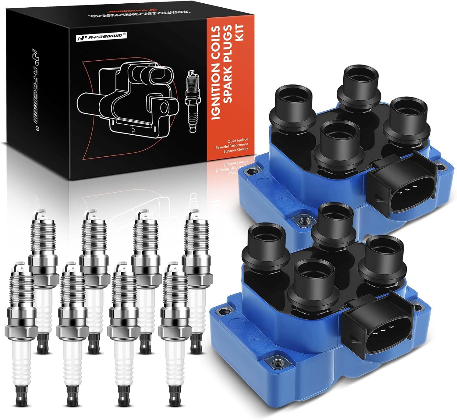 A-Premium 2x (Blue) Ignition Coil Pack and 8x Iridium Spark Plugs Compatible with Ford F-150 F-250 1997-1999, Explorer 1996-2001 & Lincoln Continental & More