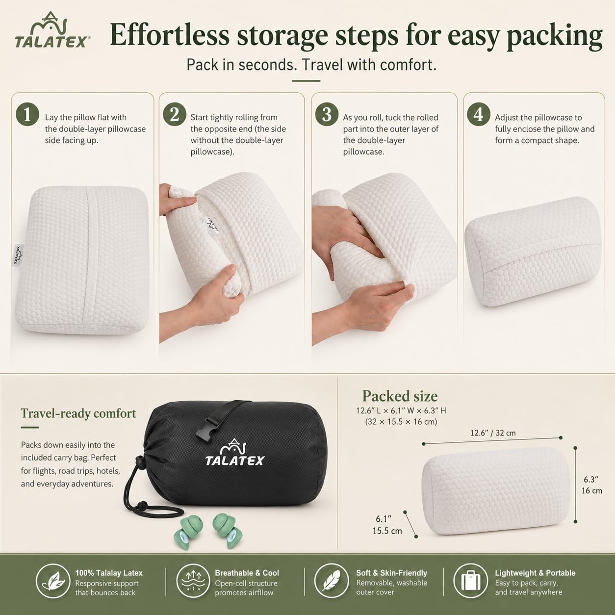 Talatex Oreiller de camping en latex naturel pour adultes, petit oreiller de voyage compact et pliable, pas de gonflage nécessaire, confort hôtelier pour tente ou camping-car, avec housse lavable