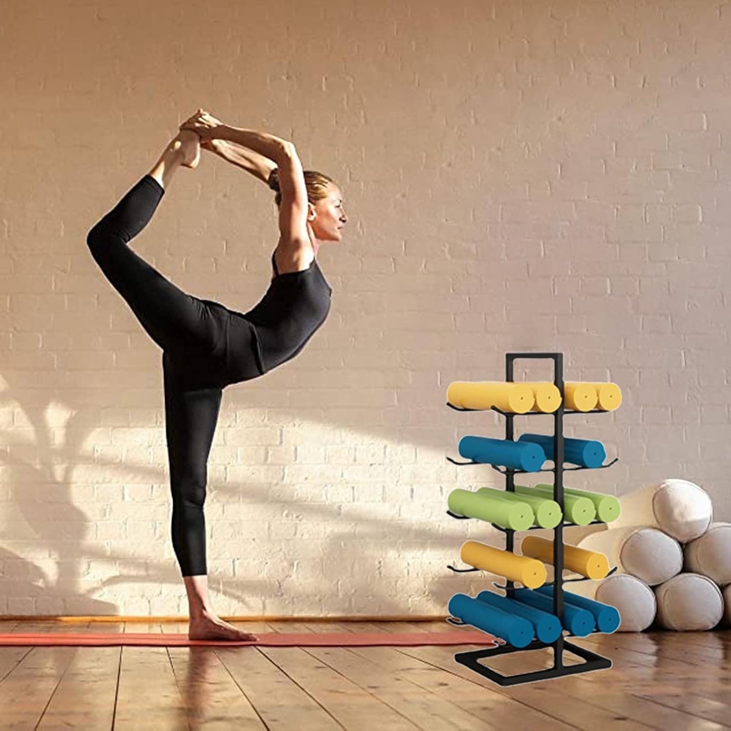 Gold/Black Yoga Mat Rack, 20 Foam Roller Storage Floor Stand, 5 Tier Large Metal Vertical Display Holder, Home/Gym/Workout Room (Color : Black)