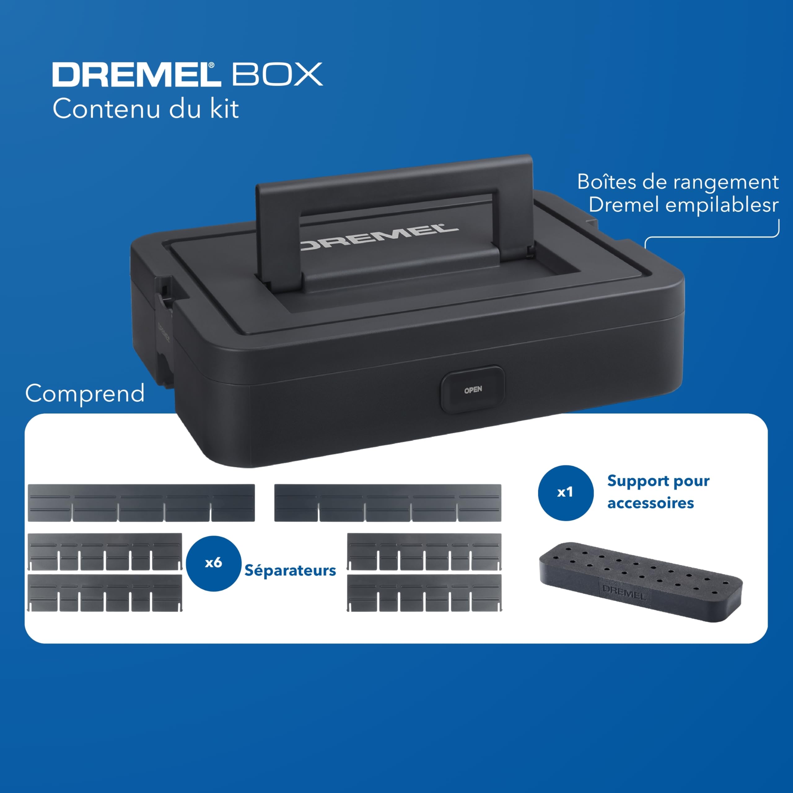 Dremel Coffret de transport avec 6 séparateurs et boîte de rangement d'accessoires, Solution d'organisation pour accessoires d’outils multi-usages, Système compact et empilable