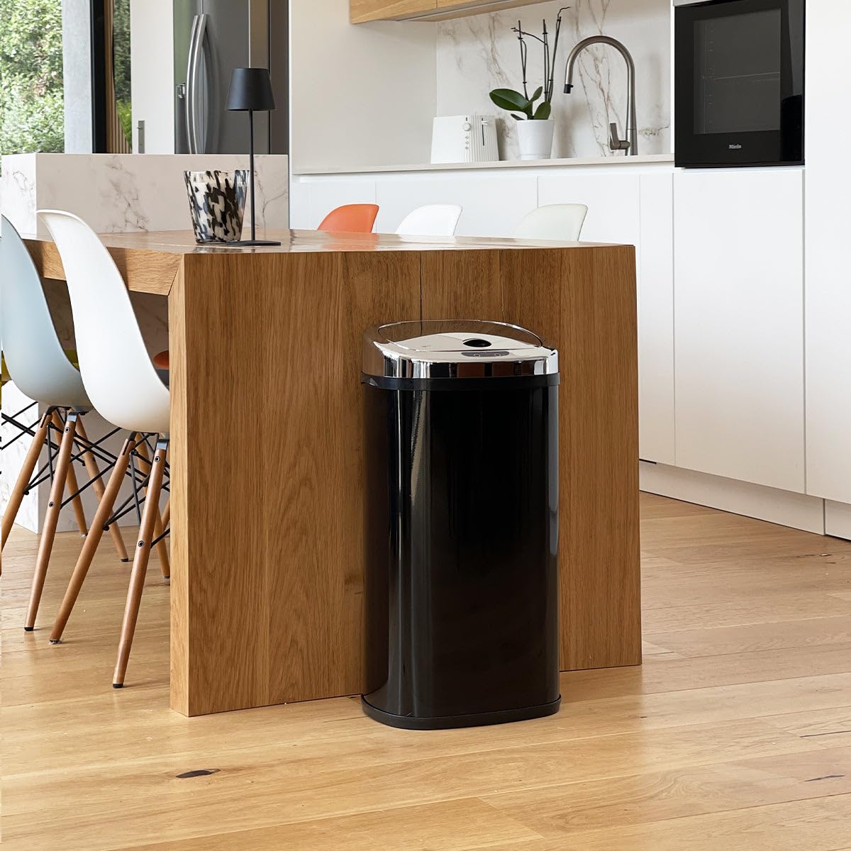 KITCHEN MOVE Poubelle de cuisine automatique 42L LARGO Noir brillant en acier INOX avec cerclage