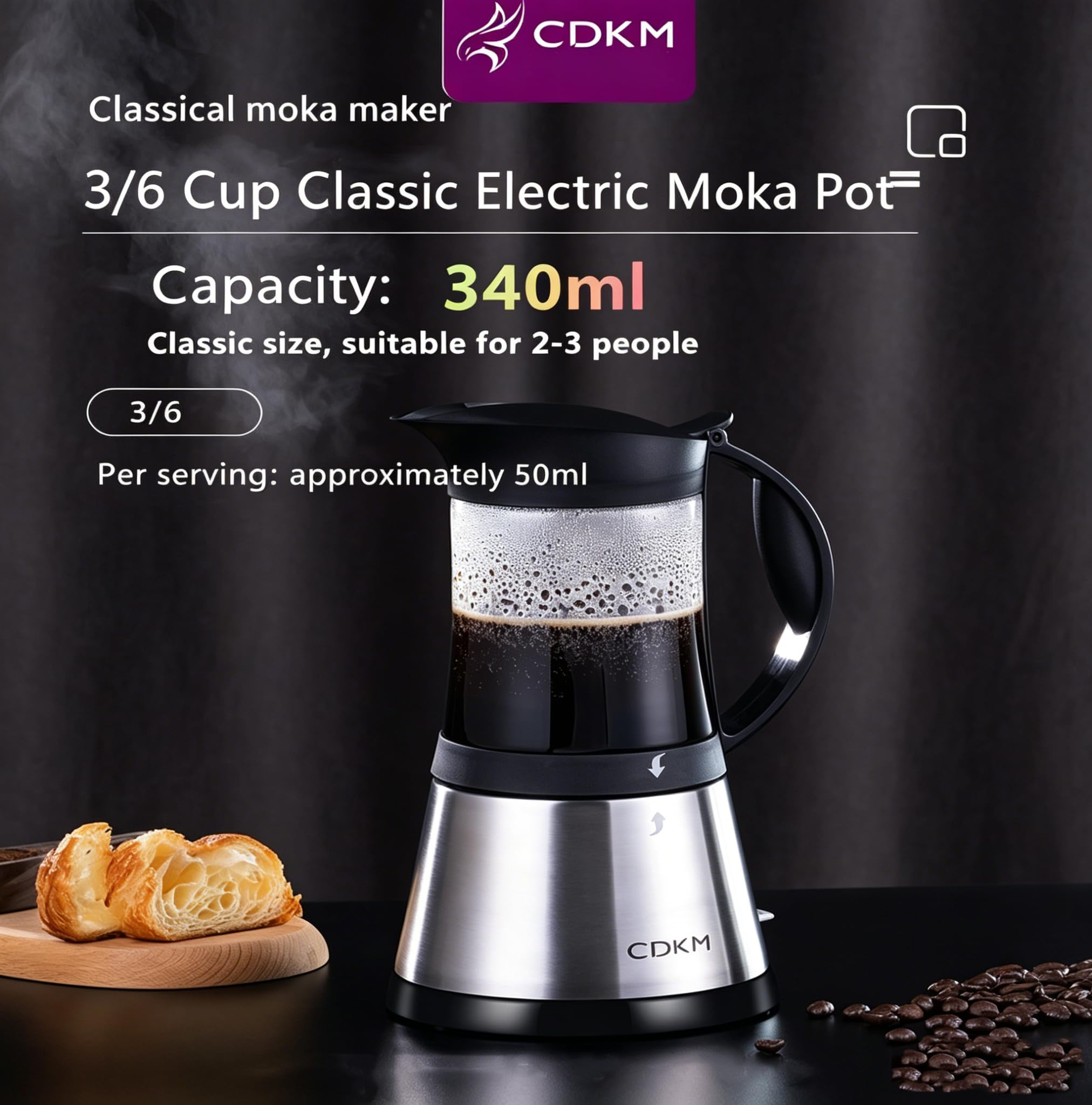 Cafetera eléctrica Moka Expresso italiana – 340 ml de vidrio borosilicato, termostato STRIX, válvula de seguridad de cobre italiano – 3/6 tazas – Fácil y segura