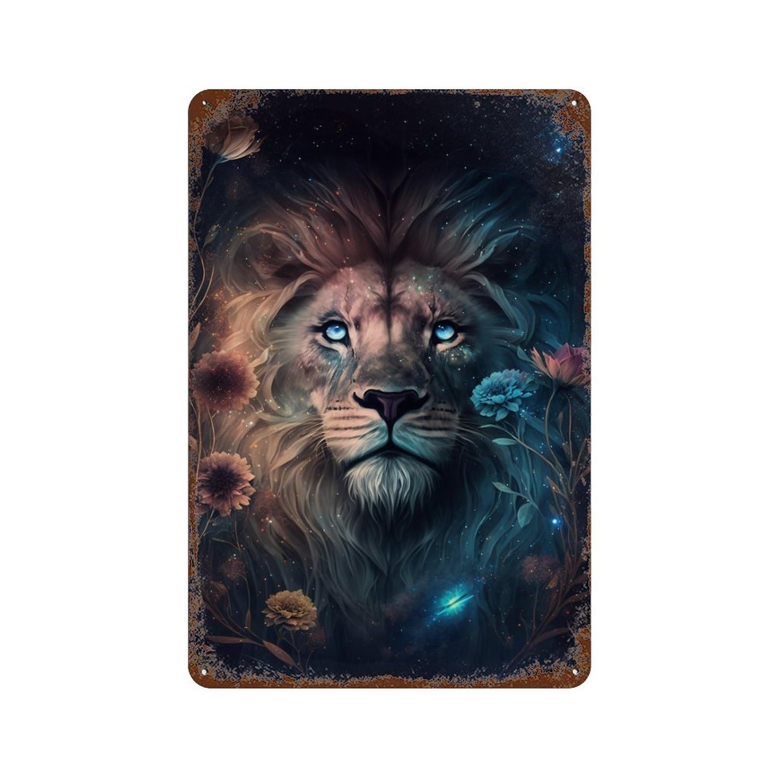Rust Effect Magical Lion Art Print Distressed Metal Wall Sign 11.8"x7.9", Shabby Chic Decor for Pub, Kitchen And Man Cave Decor