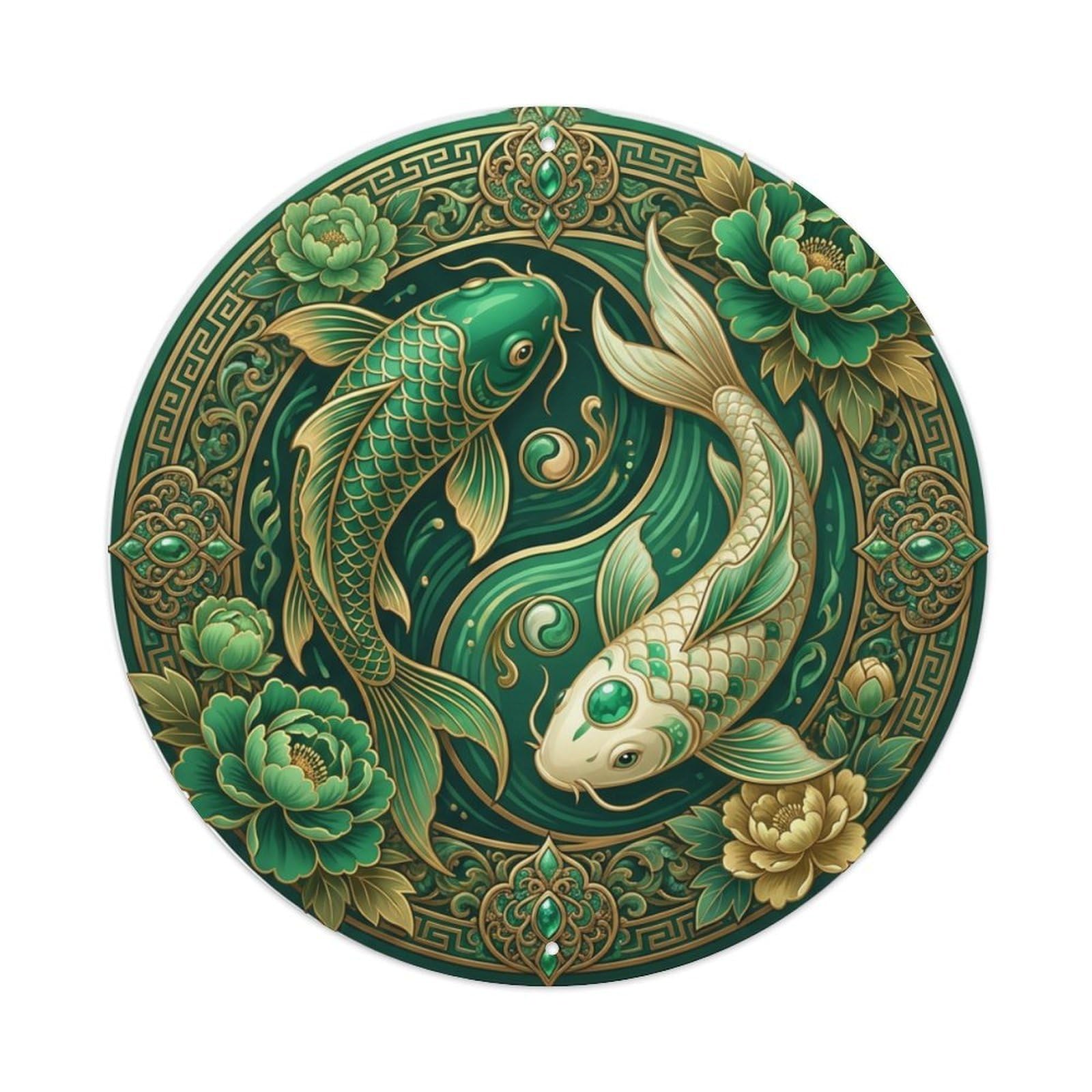 Metal Tin Sign Tai Chi Koi Fish Emerald Jade Jewel