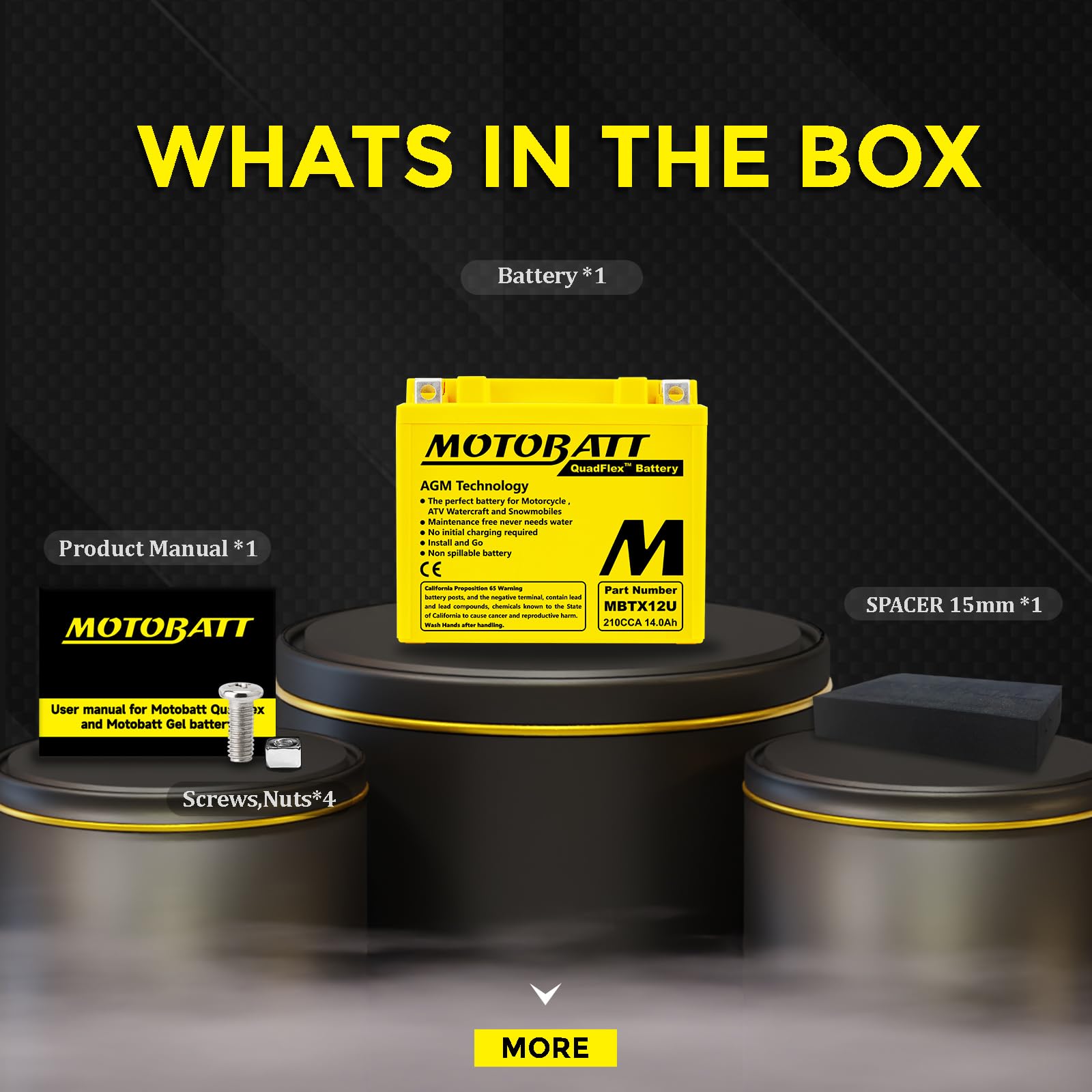 MotoBatt MBTX12U (12 V 14 Amp) 200CCA Factory Activated QuadFlex AGM Battery