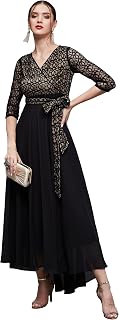 Miss Chase Women's Floral Printed Relaxed Fit V-Neck 3/4th Sleeve Maxi Dress Price In India