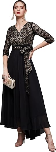 Miss Chase Women's Floral Printed Relaxed Fit V-Neck 3/4th Sleeve Maxi Dress