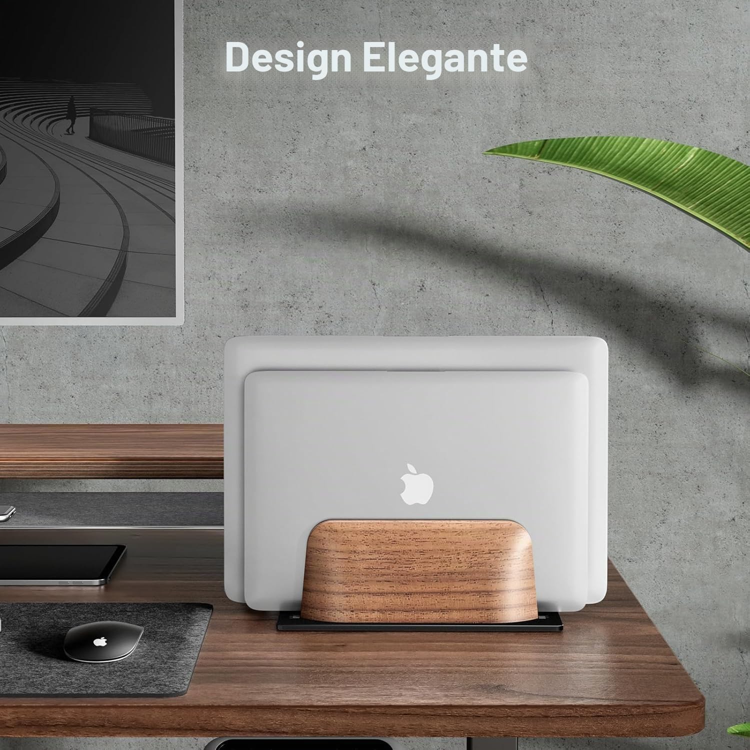 Supporto verticale pc portatile, laptop stand in legno di noce a doppio fessura per scrivania, porta regolabile in larghezza per MacBook e altri laptop