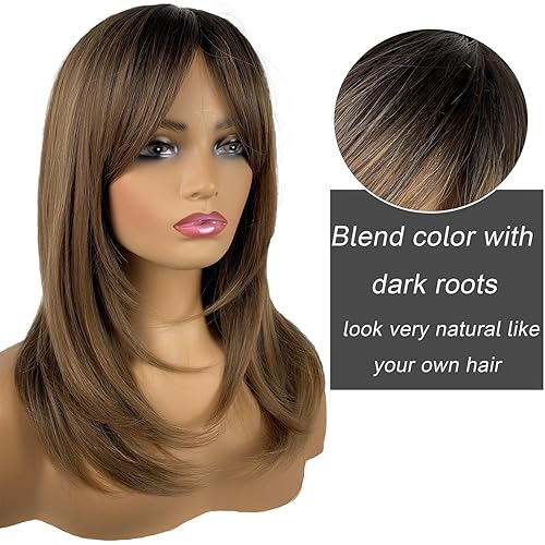 Miniatura 2 de Pelucas largas marrones para mujer, pelucas marrones con flequillo, peluca sintética de longitud al hombro en capas para fiestas diarias (20