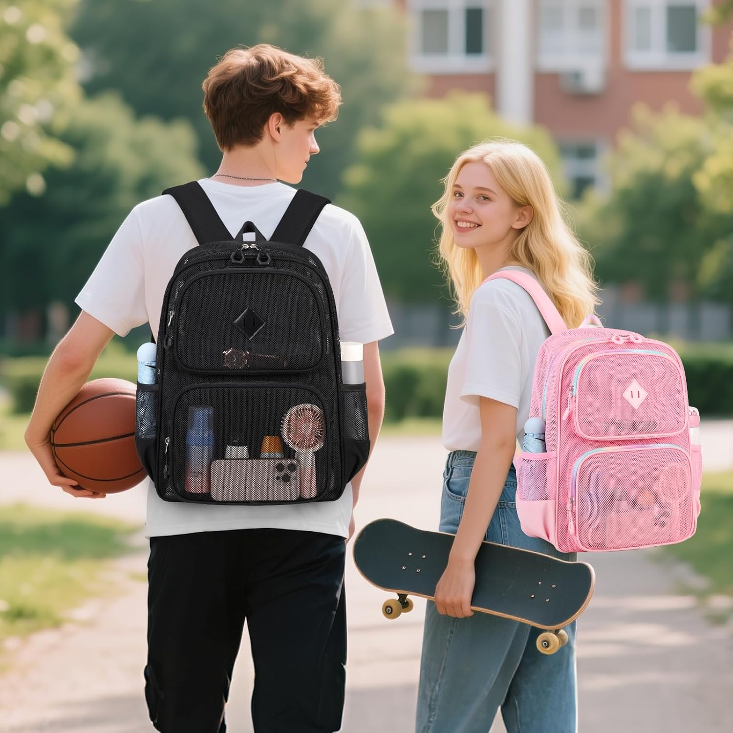 Mesh Backpack for Girls Boys Kids, Heavy Duty Mesh Bookbag, Net Backpack See Through for School,Beach,Swimming,Work,Travel (Black) - Image 2