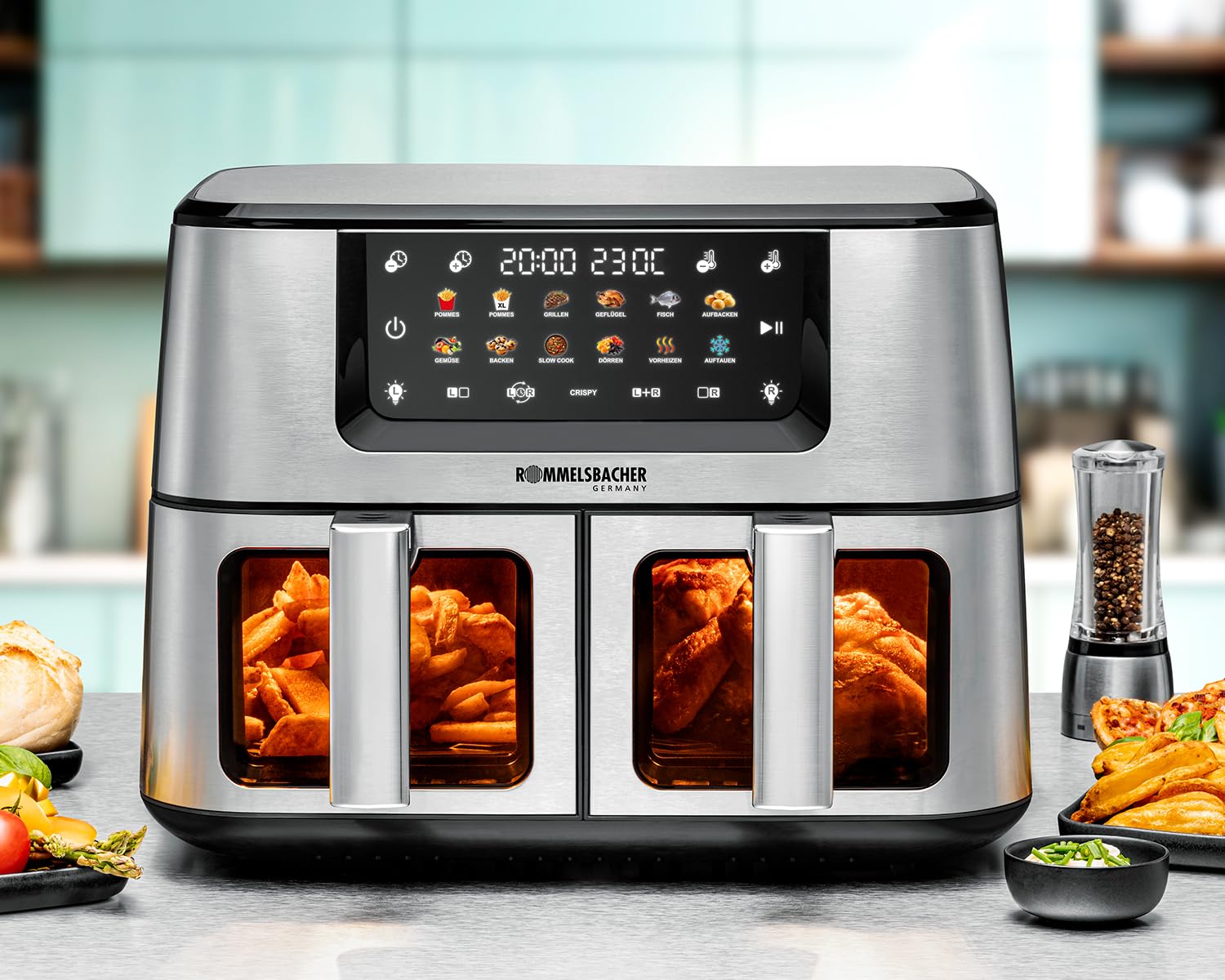 ROMMELSBACHER FRH 2650 Freidora de aire caliente doble, 2 cestas de 5,5 litros, 40 a 230 °C, 12 programas, ventana de visualización, iluminación interior, sin PFAS, función de emparejamiento y