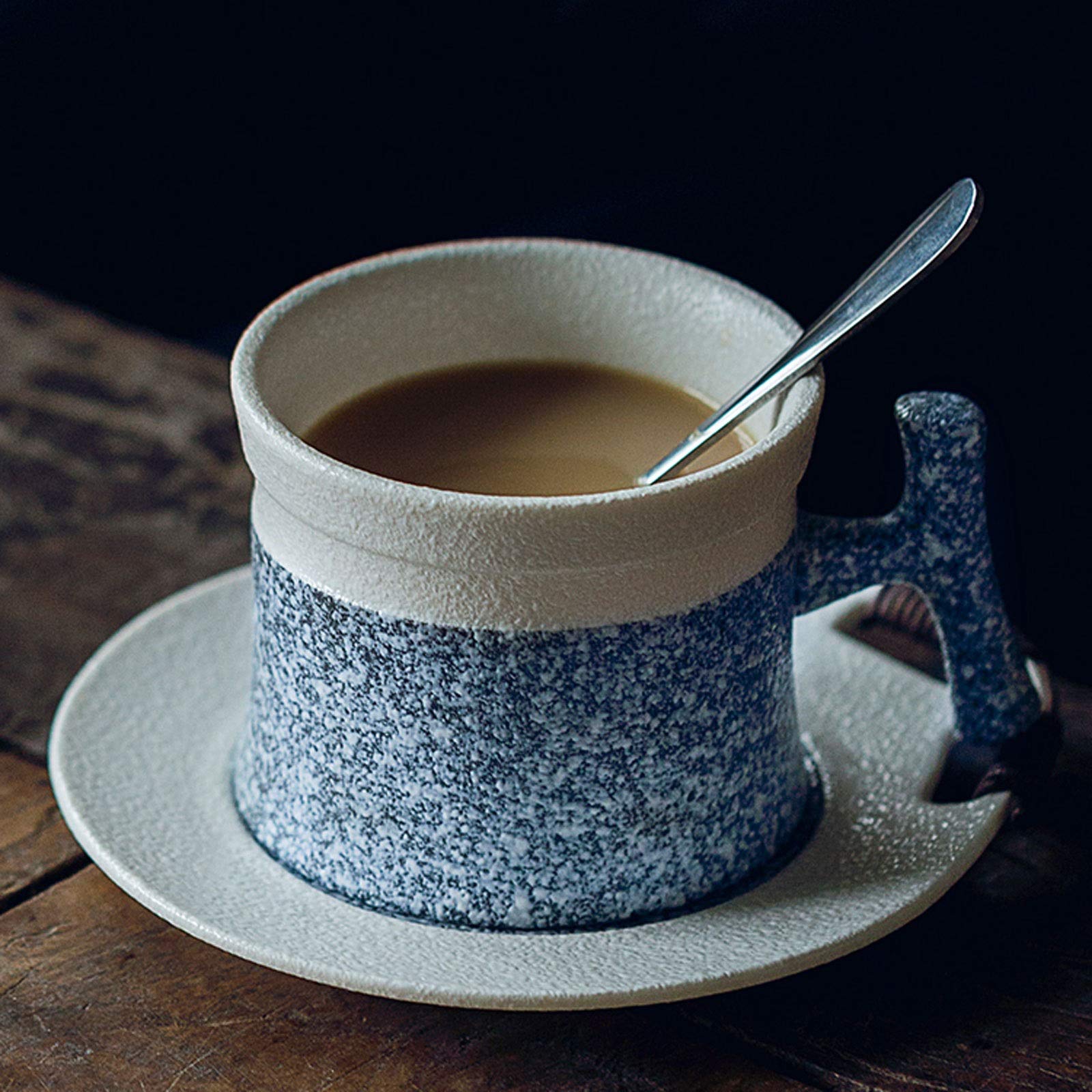 Taza de café con Esmalte de imitación de Piedra esmerilada, Taza de té/café de Porcelana de 5,4 onzas y platillo con asa y Plato Decorativo con Cuerda Atada a