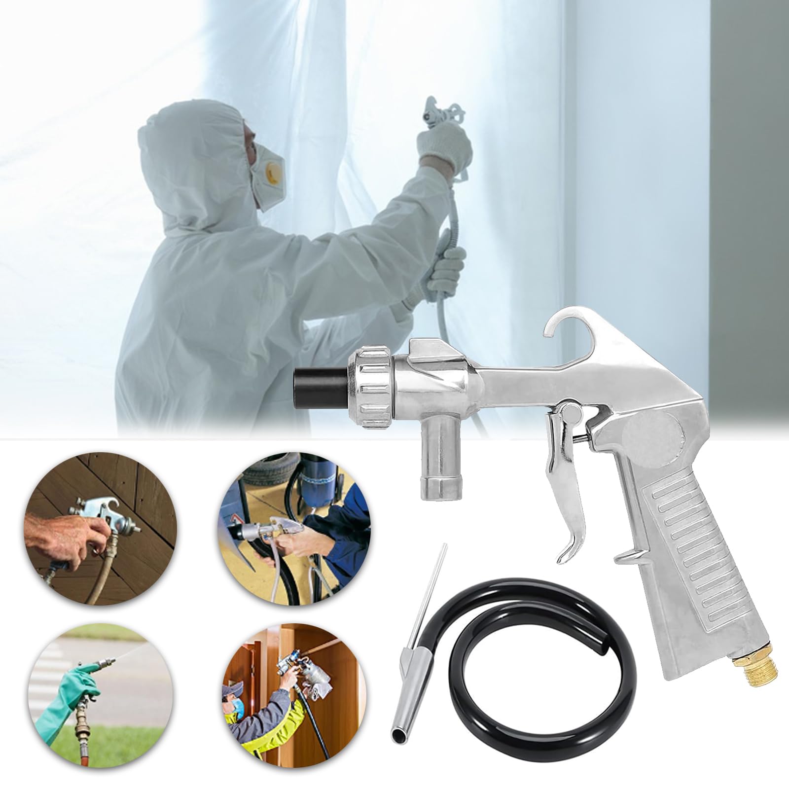 Pistola Sabbiatrice Pneumatica per Compressore con Ugelli e Tubo 1M Gomma Kit