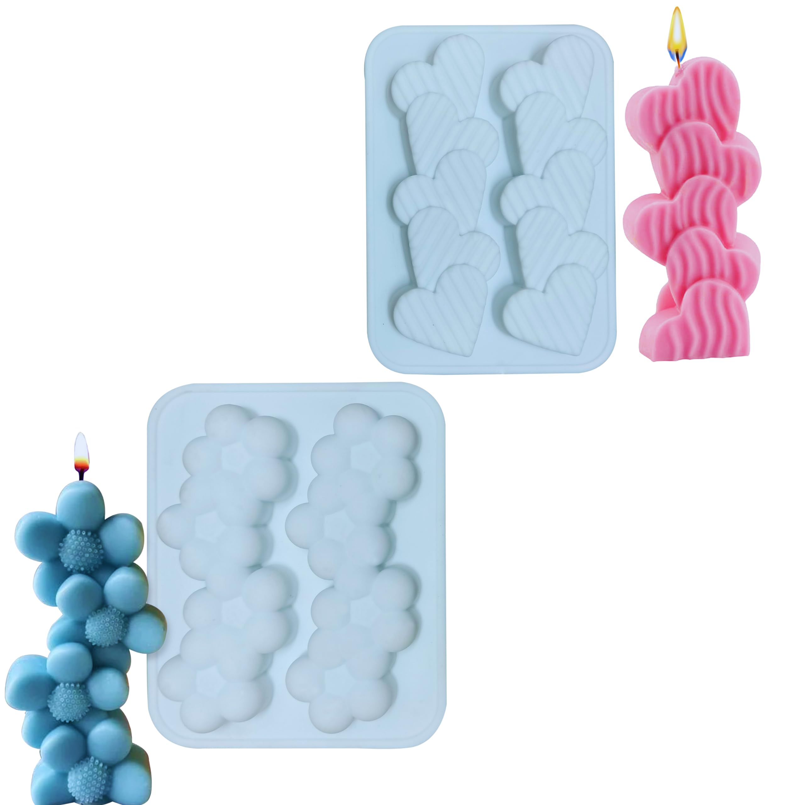 MoldBerry 2 Cavity Stript Heart & Bubble Shape Candle Mould, Joint Heart Candle Mold for Candle Making Multi-Purpose Silicone Molds for Chocolate Resin soap (4.5 x 3.7 x 0.5 Inch)