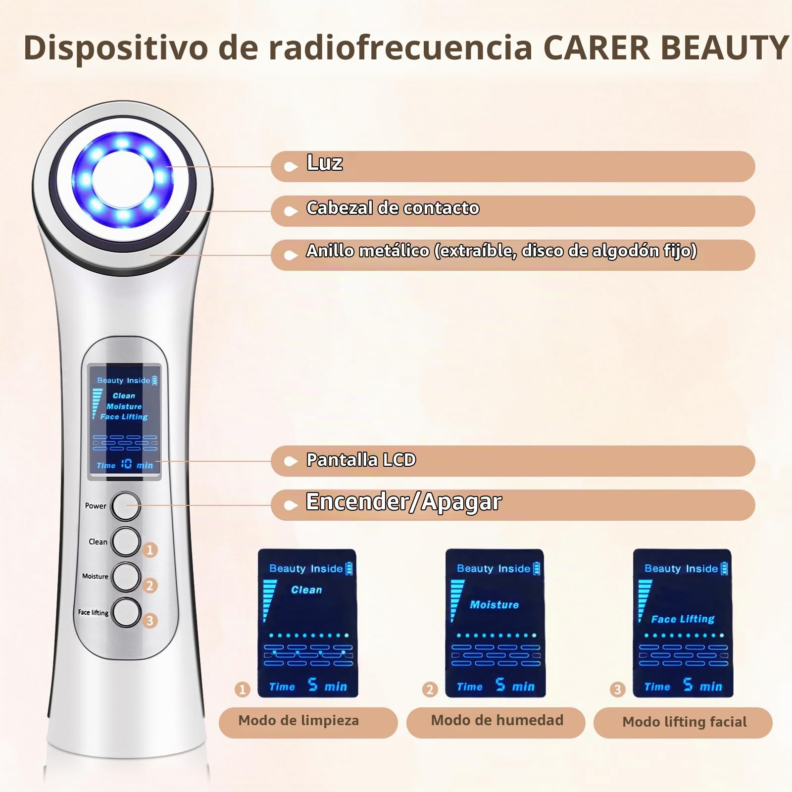 CARER BEAUTY Dispositivo de belleza facial por radiofrecuencia - Masajeador facial antienvejecimiento 5 en 1 utilizado para reafirmar la piel y antienvejecimiento