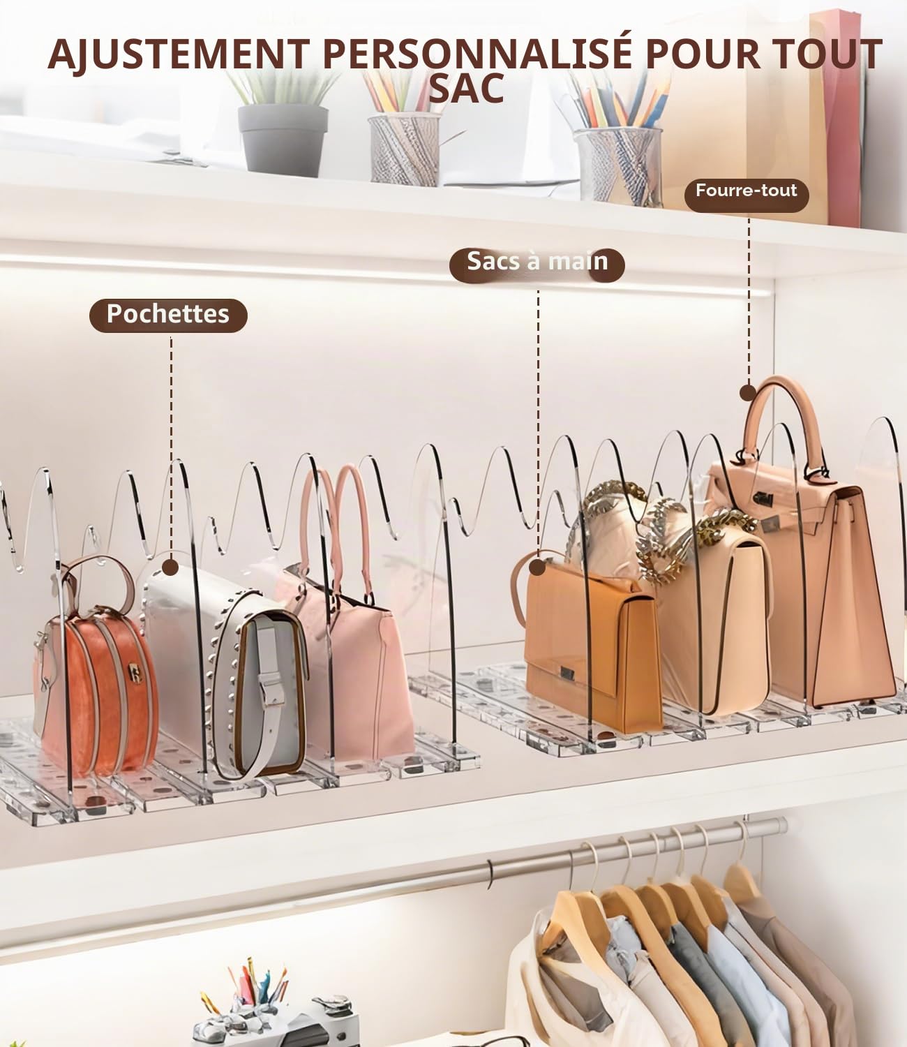 Lot de 10 Séparateurs de Sacs à Main en Forme de Montagne, Organisateur Dressing Ajustable avec Base à Fentes et Diviseurs Ajustables, Rangement pour Dressing, Placard, Chambre et Cuisine