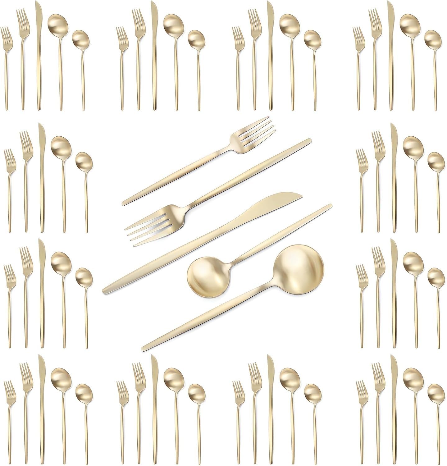 Set di posate da 60 pezzi in acciaio inox opaco color oro champagne, servizio per 12 persone