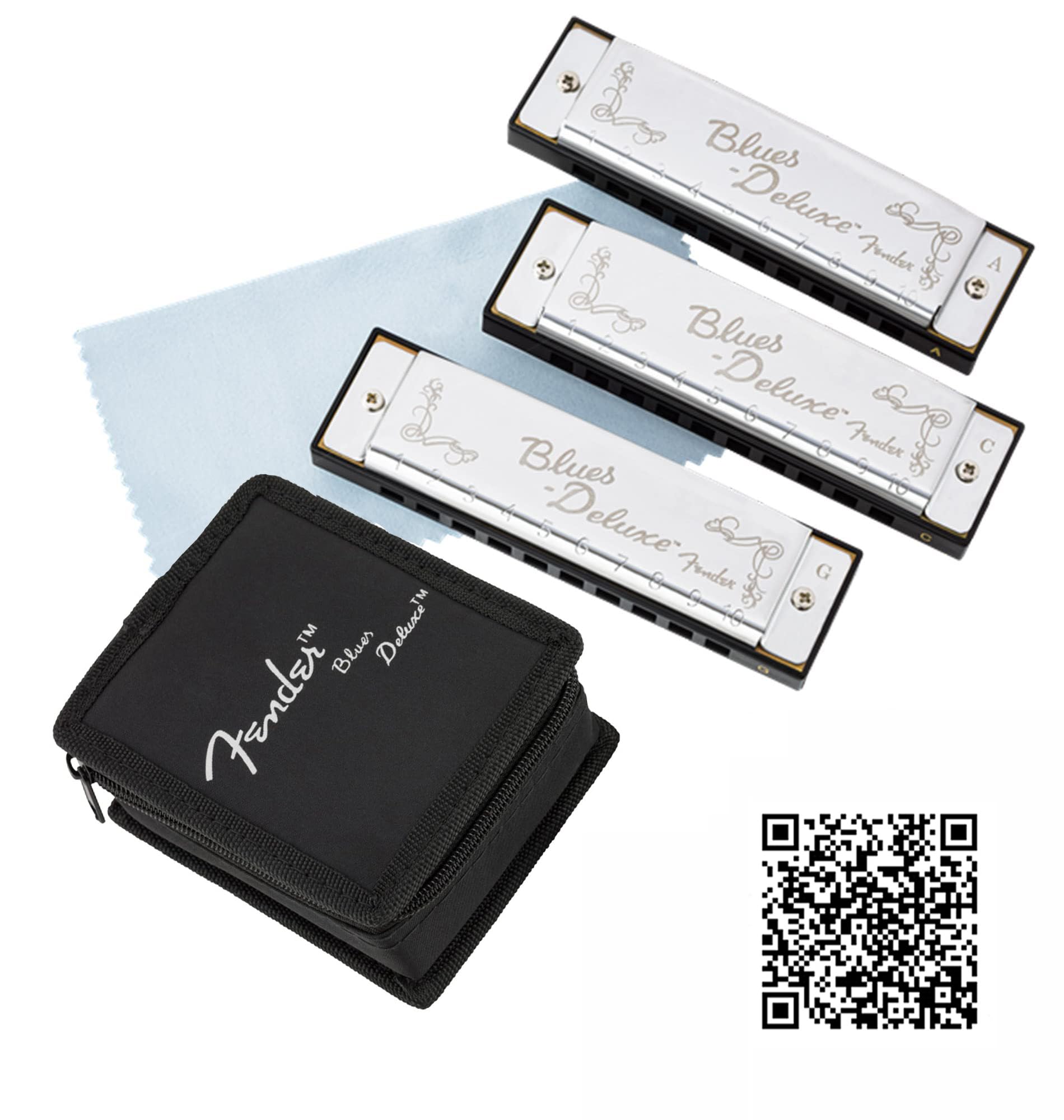 Fender Blues Deluxe Harmonica - Keys A, C, G Bundle with Carrying Case, Austin Bazaar Beg…