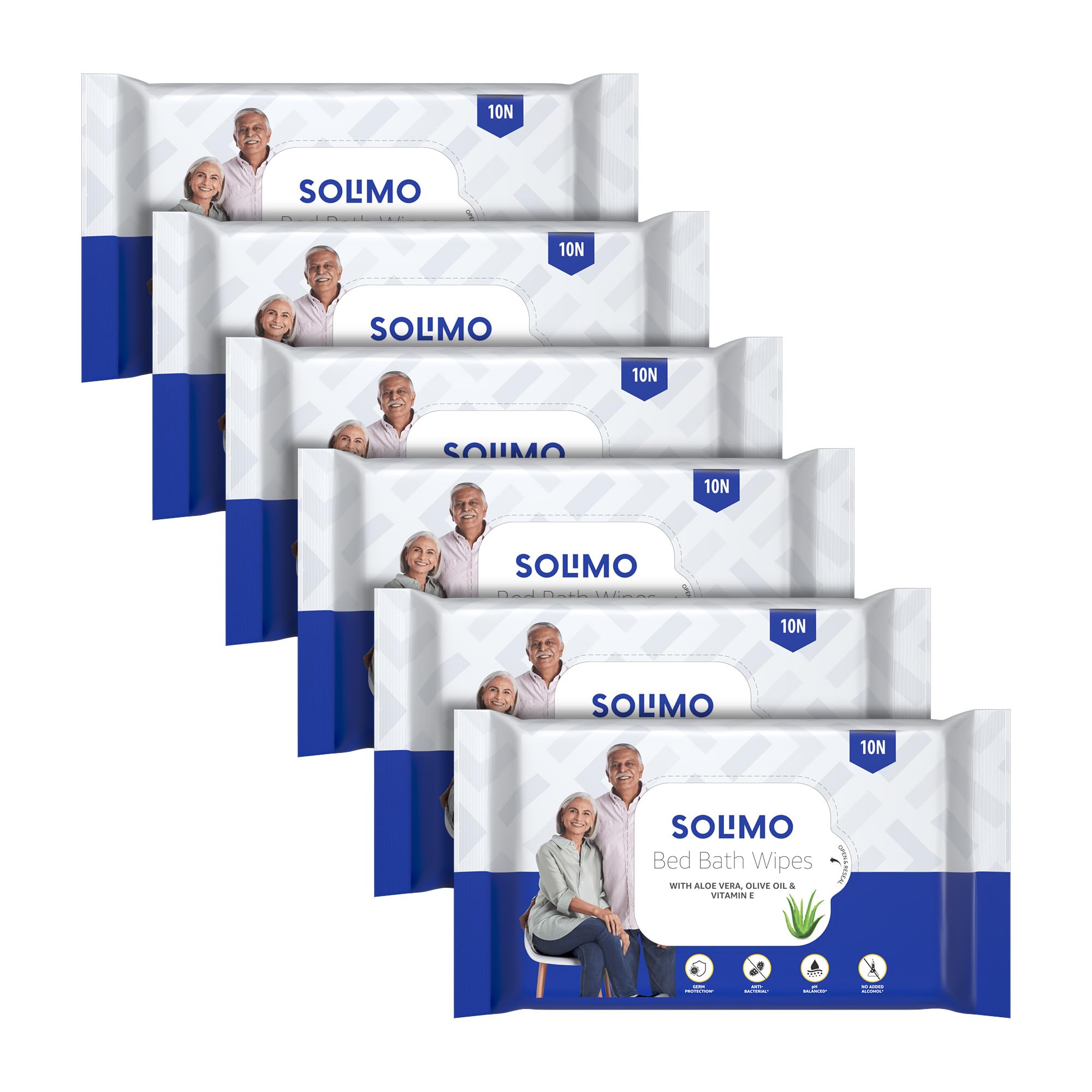 Amazon Brand - Solimo Adult Bed Bath Wipes | Count 60 | 10 Wipes x 6 Packs | With Aloe Vera, Olive Oil & Vitamin E | Advanced Germ Protection | pH Balanced | Alcohol & Parabens Free