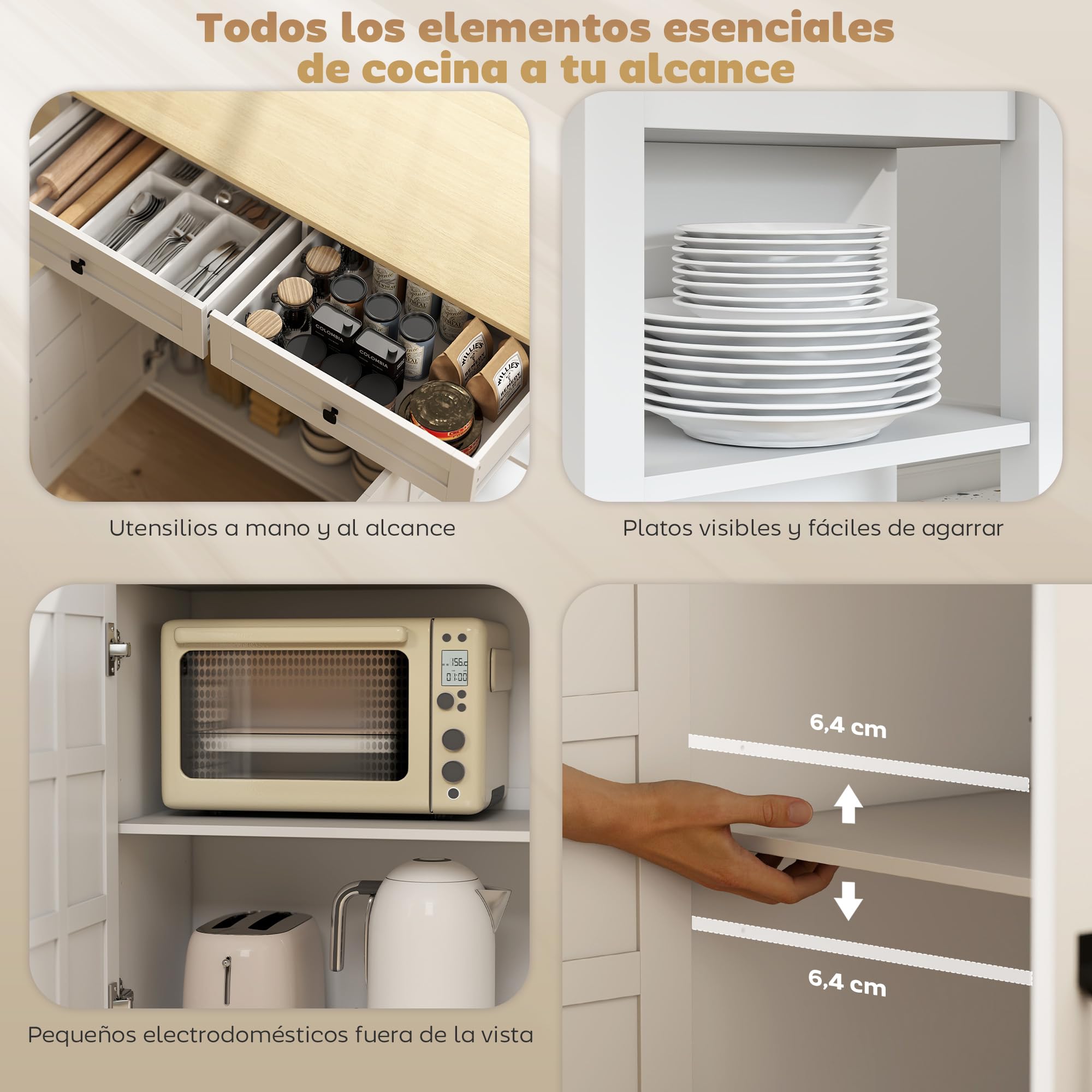 HOMCOM Isla de Cocina con Ruedas, Encimera Plegable, Carro de Cocina con 2 Puertas con Cierre Suave, 2 Cajones, 6 Estantes Abiertos, Blanco