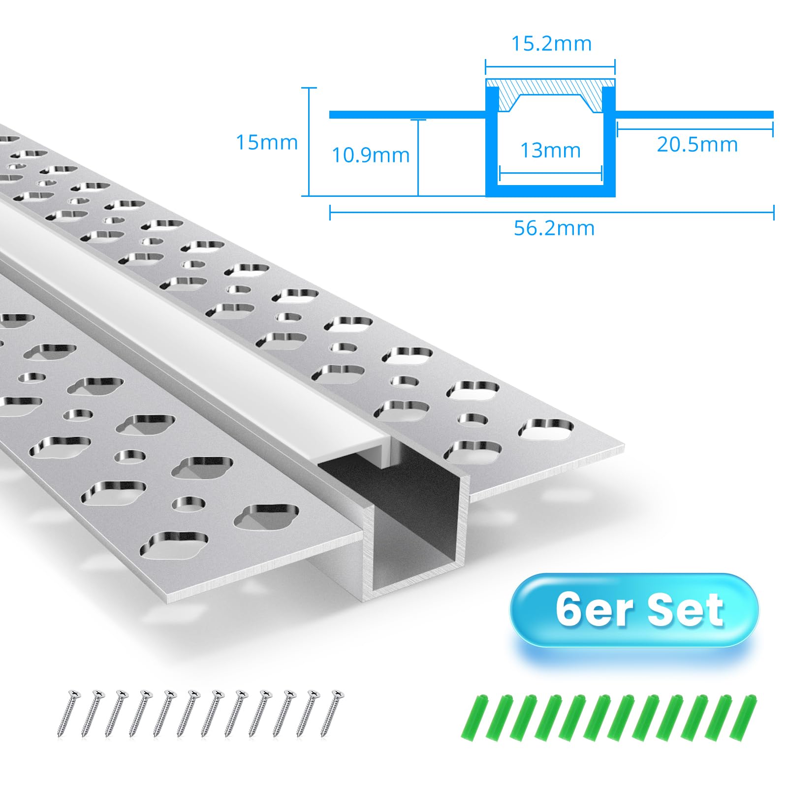Aluminiowy profil LED, zestaw 6 sztuk, po 1 m (3,3 ft), profil montażowy do szpachlowania do taśm LED, profil montażowy do płyt kartonowo-gipsowych do oświetlenia liniowego z podwójnie