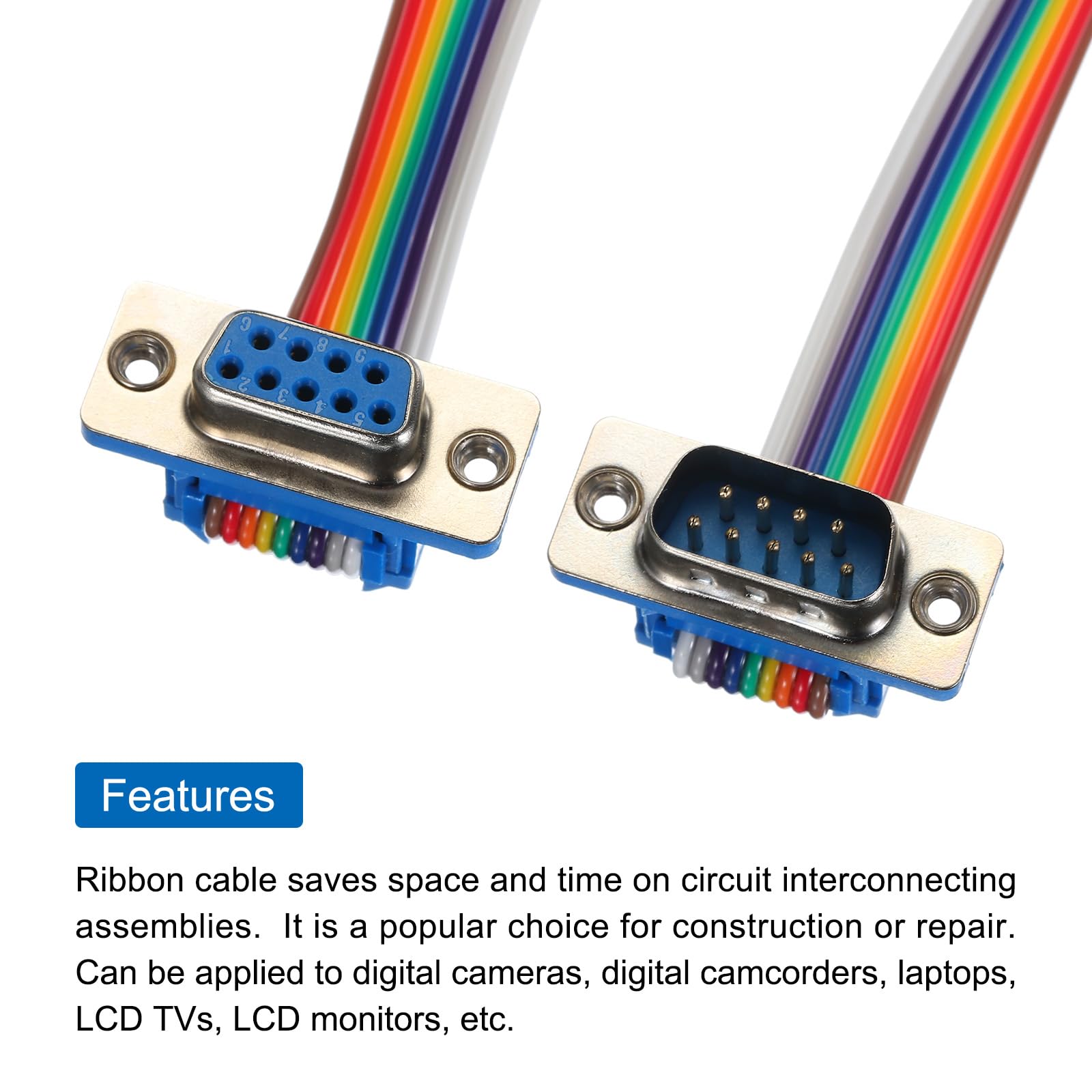 MECCANIXITY 9-Pin DB9 Male To Female Rainbow Flat Ribbon Cable, 11.8 Inch - 2 Pack With Screws
