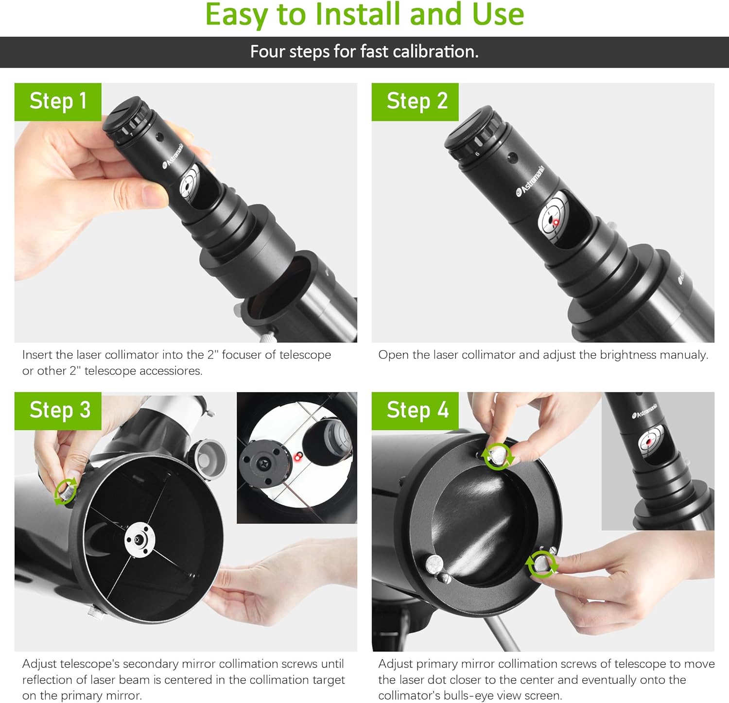 Astromania 1.25" Flip Mirror - Bundle with - 1.25" Laser Collimator with 2" Adaptor