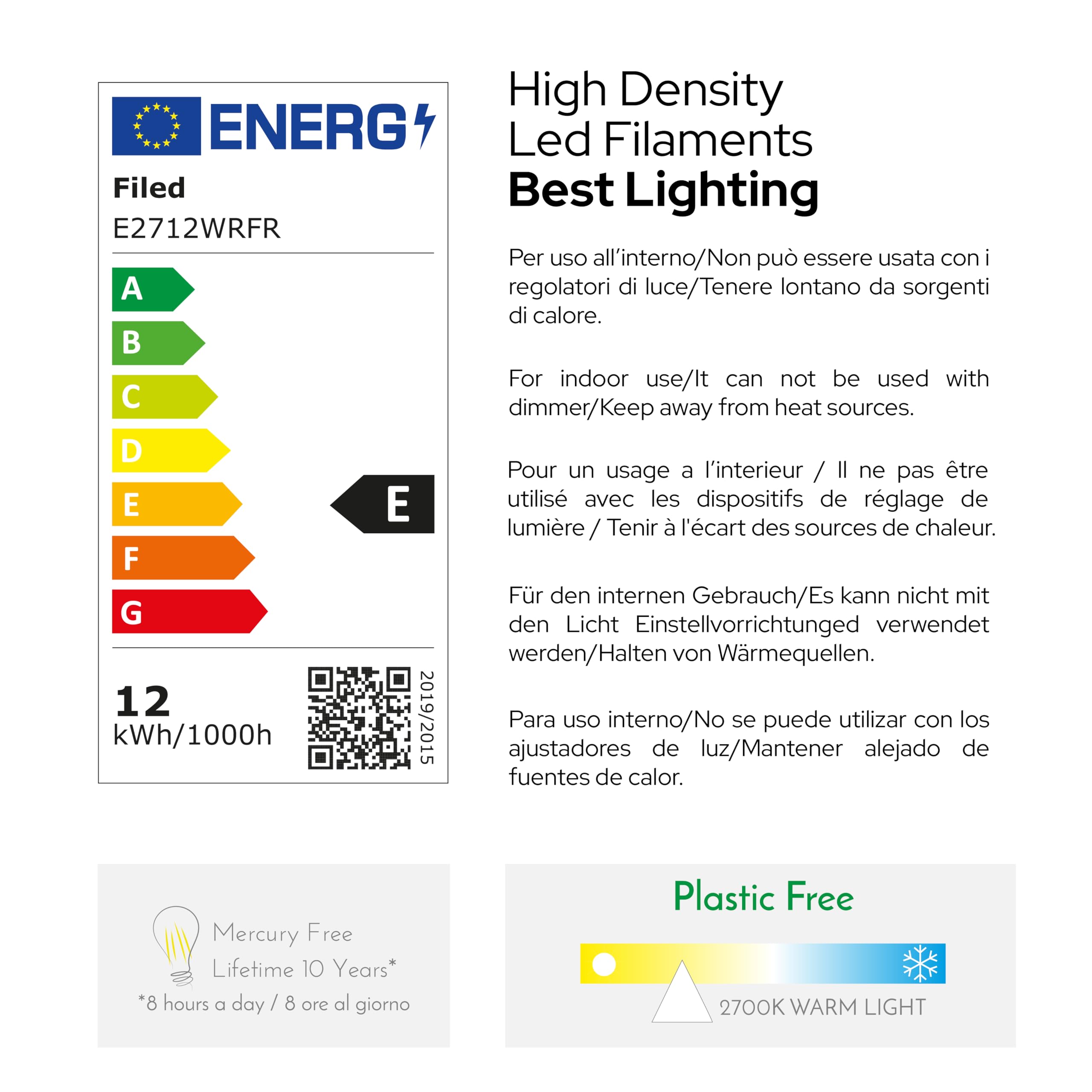 Bombilla Gota 12W Equivalente a 120W, E27, Vidrio Esmerilado, 2700K Luz Cálida, filamento LED recto, 1560 Lúmenes, Paquete de 10 unidades