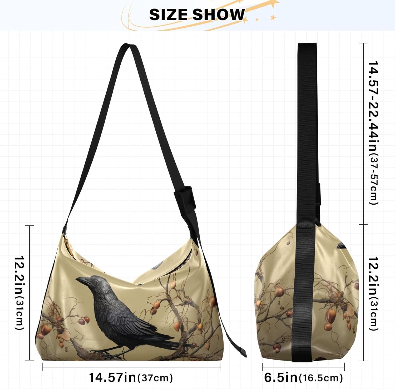 Women’s Crossbody Purse Shoulder Bag Steampunk Crow Print, Large Capacity Leather Handbags Zipper Closure with Fabric Strap
