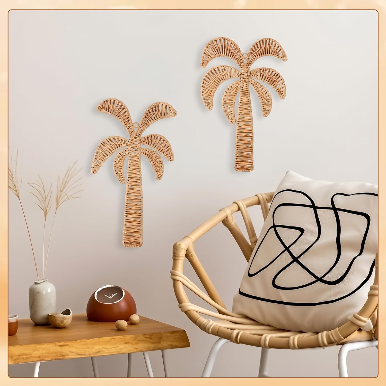 Ovveroche 2 Pcs Boho Wall Decor Rattan Woven Palm Trees Basket Wall Art