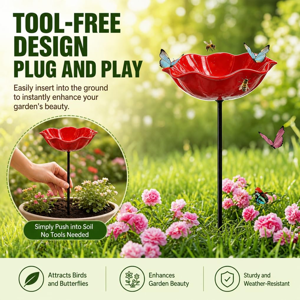 2 Stück Bienentränke Blume für den Garten, Bienentränke, Vogeltränke Blume aus Metall, Gartenstecker Vogeltränke, Dekorative Futterschale für Vögel und Bienen, Gartendekoration für Rasen und Balkon
