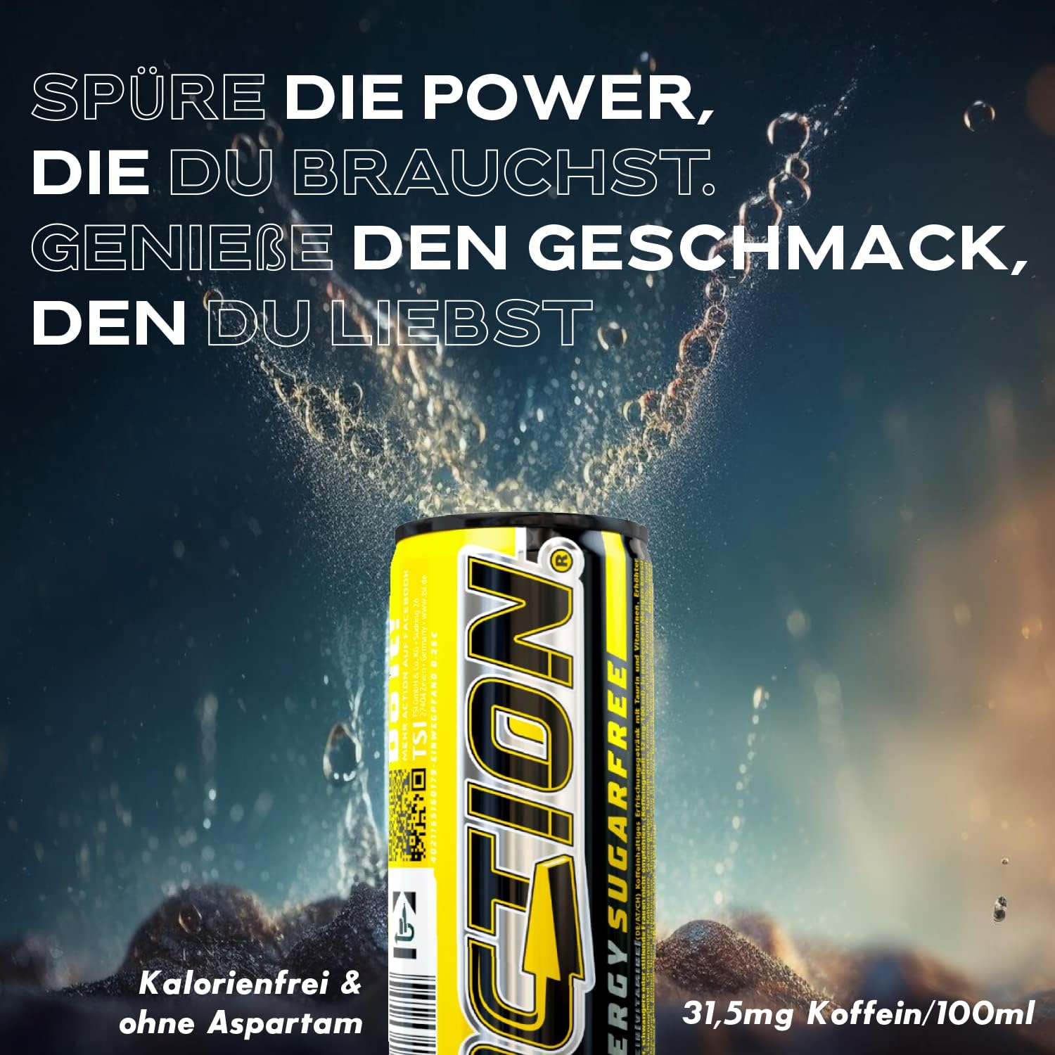Action Energy Drink Sugarfree (48 x 250 ml) incluye depósito – Refresco con sabor 100% – patata energética con mayor contenido de cafeína 31,5 mg/100 ml de cafeína – sin azúcar – enfoque mejorado